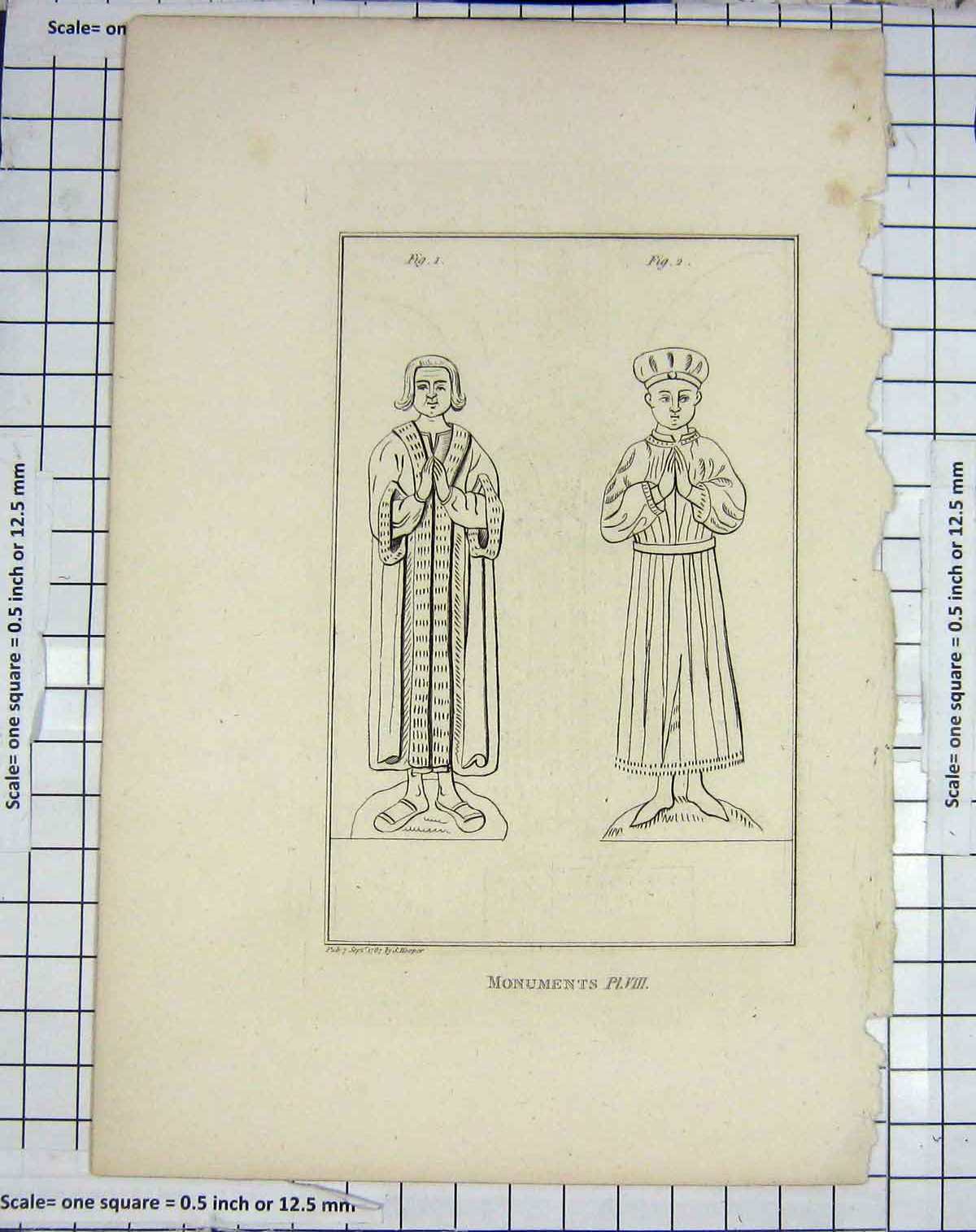 Original Old Antique Print 1787 Engraving Hooper Monuments Men Costumes 18th