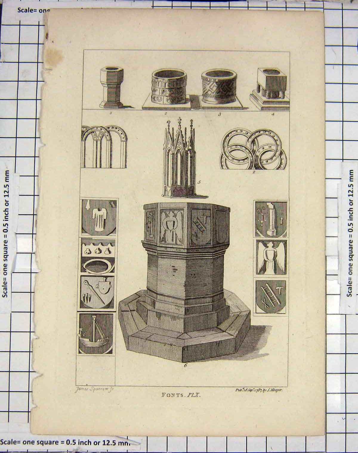 Original Old Antique Print Hooper Engraving 1787 Sparrow Church Fonts 18th