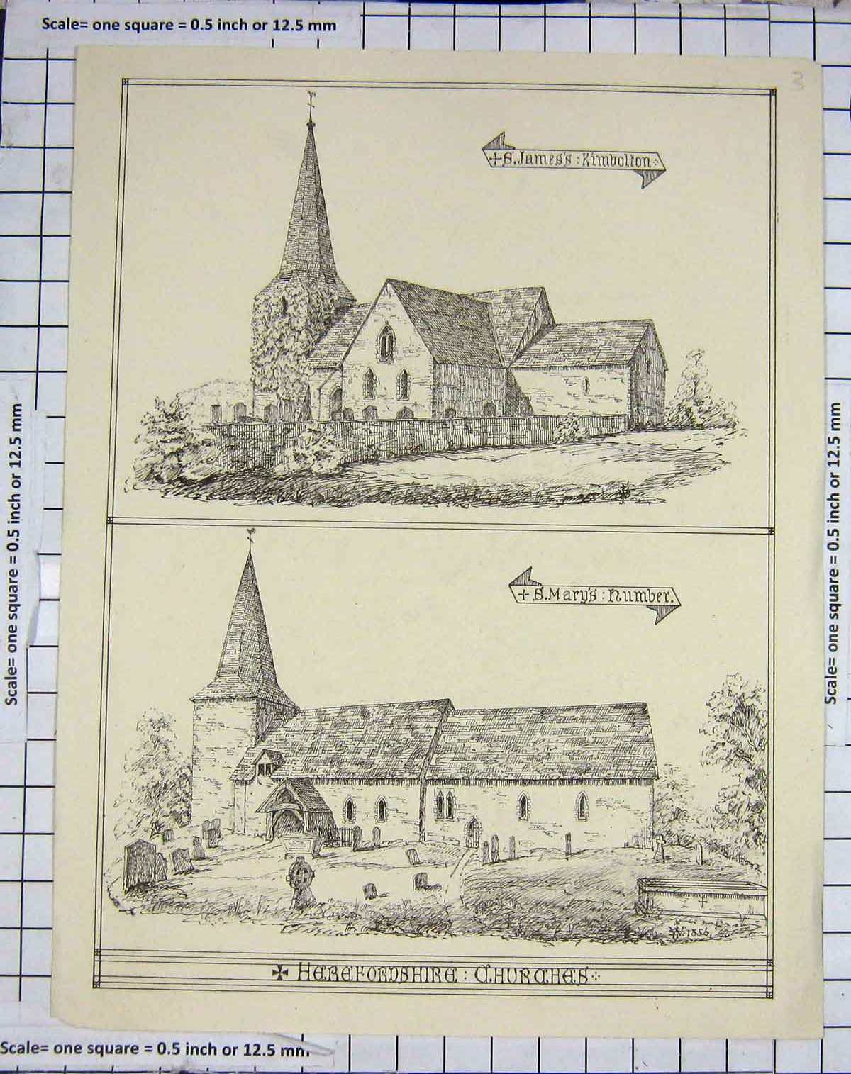 Old Antique Print Herefordshire Church St. James Kimbolton Mary'S Number