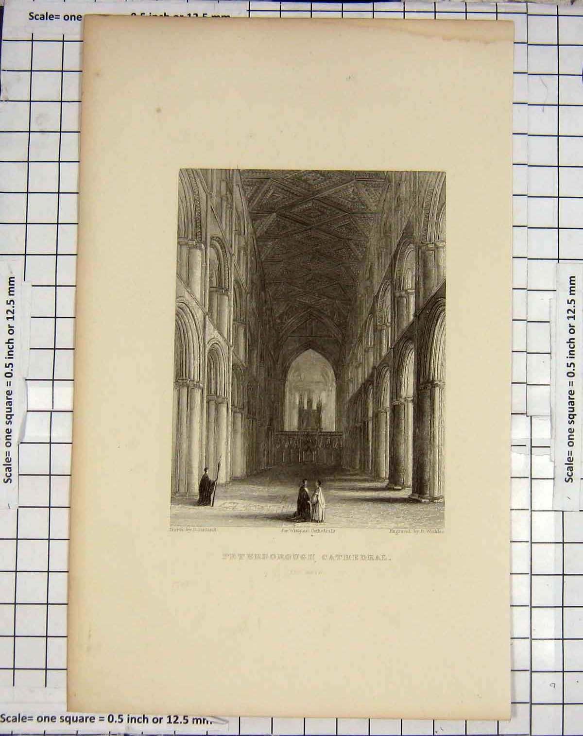 Old Antique Print Peterborough Cathedral Nave Garland Winkles Engraving