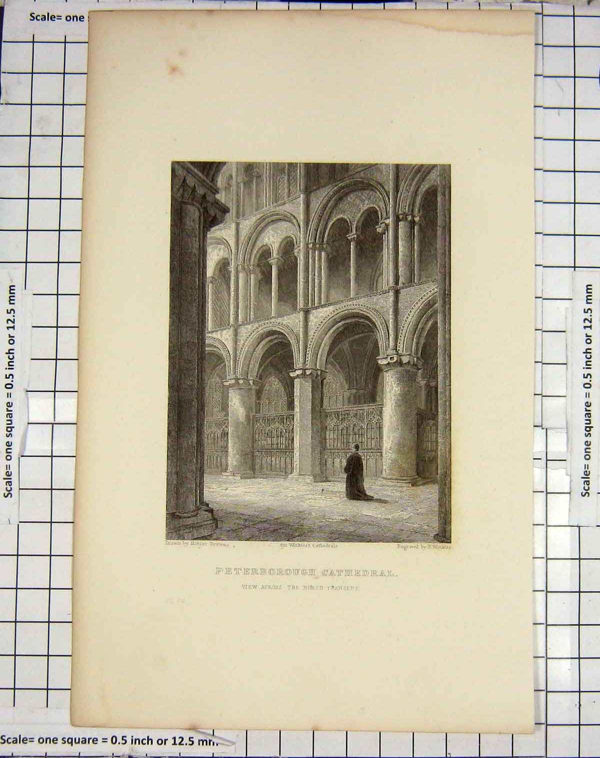 Original Old Antique Print Peterborough Cathedral Transept Winkles Browne