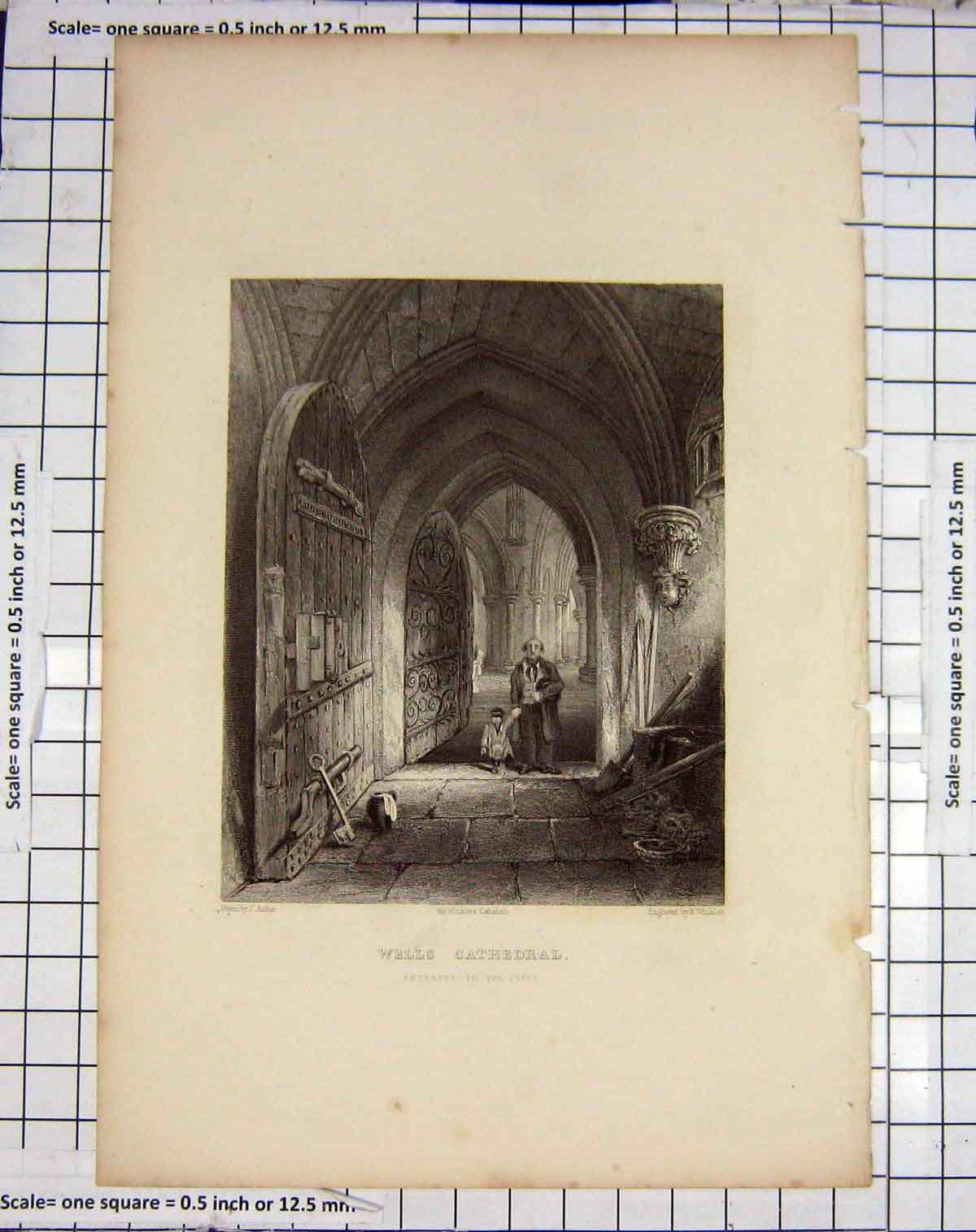 Original Old Antique Print Wells Cathedral Crypt Winkles Archer Engraving