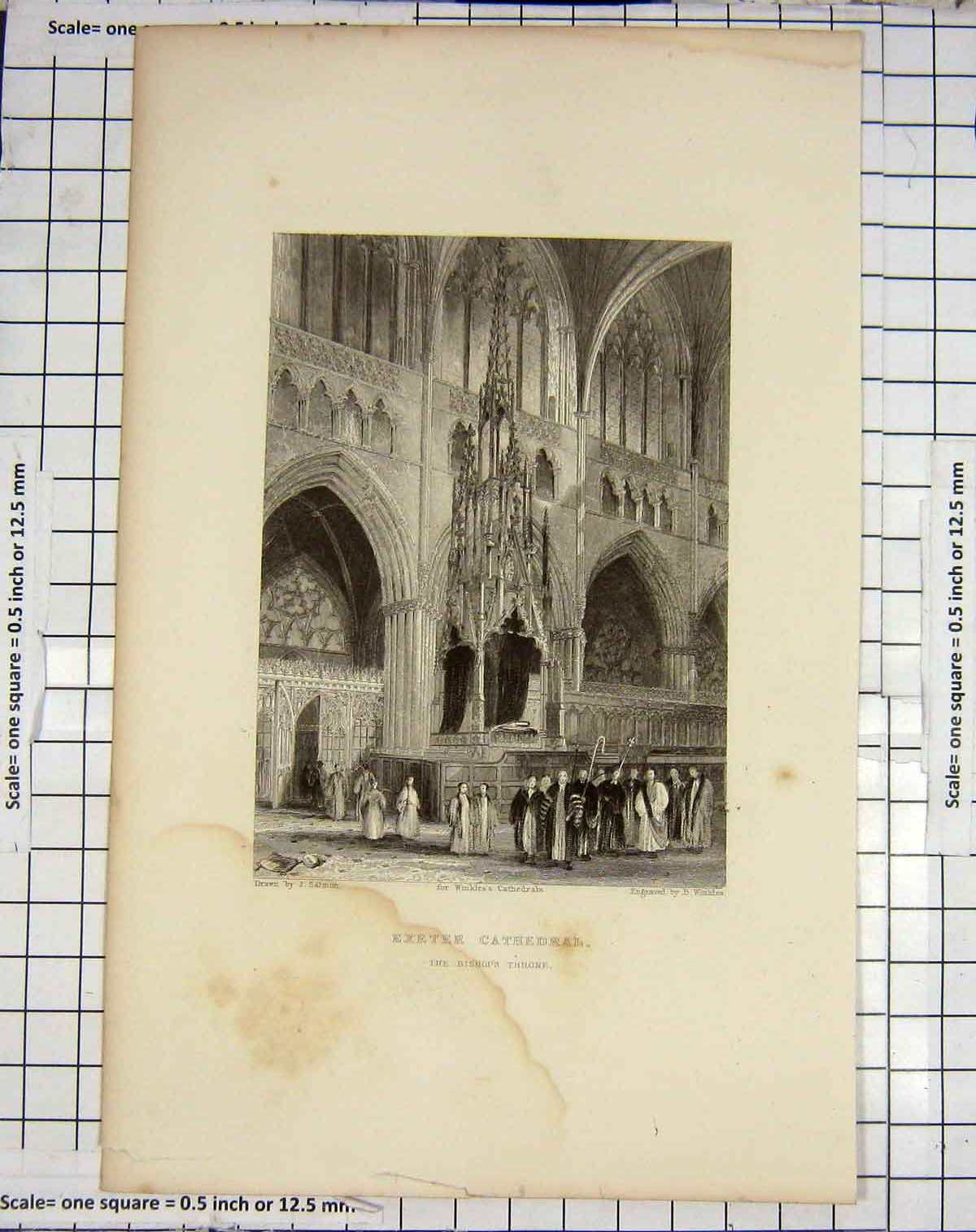 Original Old Antique Print Exeter Cathedral Bishop'S Throne Winkles Salmon