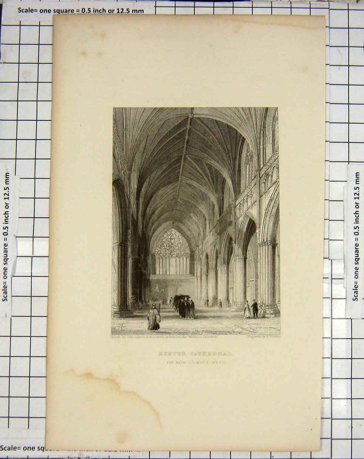 Original Old Antique Print Exeter Cathedral Nave Winkles Salmon Engraving