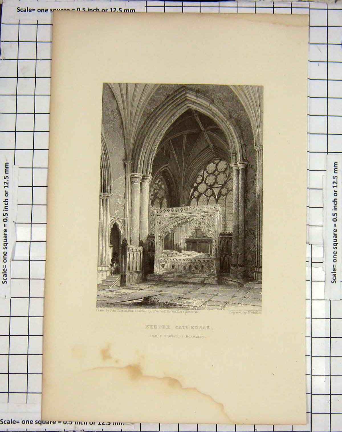 Original Old Antique Print Exeter Cathedral Bishop Stafford Winkles Salmon
