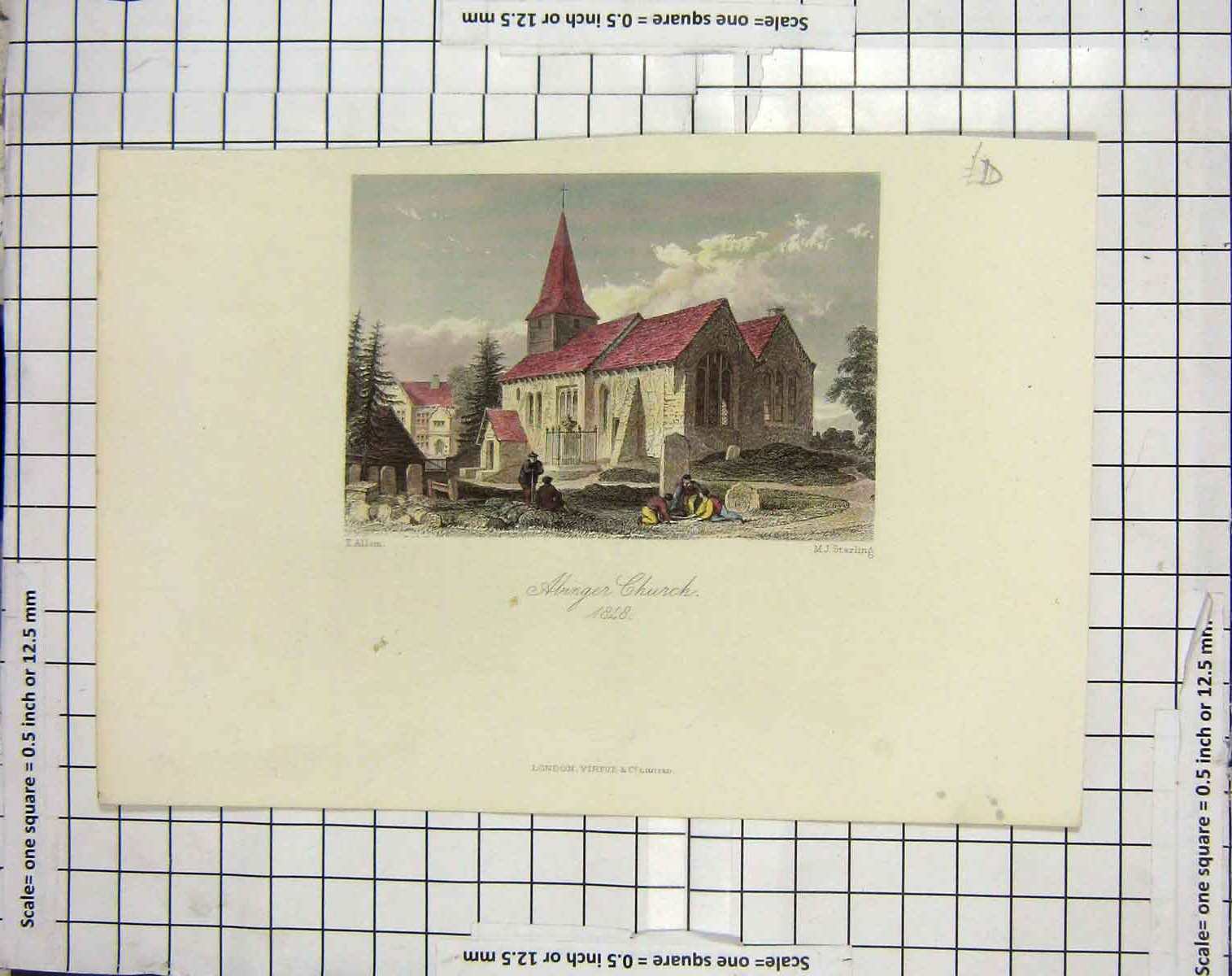 Original Old Antique Print 1848 Colour Abinger Church Starling Allom Victorian