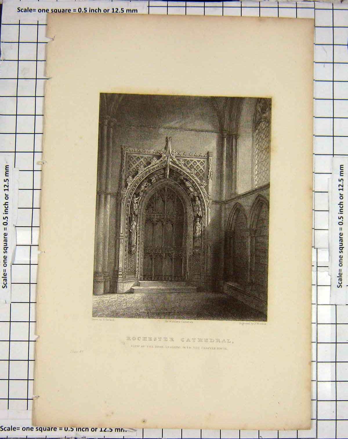Original Old Antique Print Rochester Cathedral Door Winkles Garland Engraving
