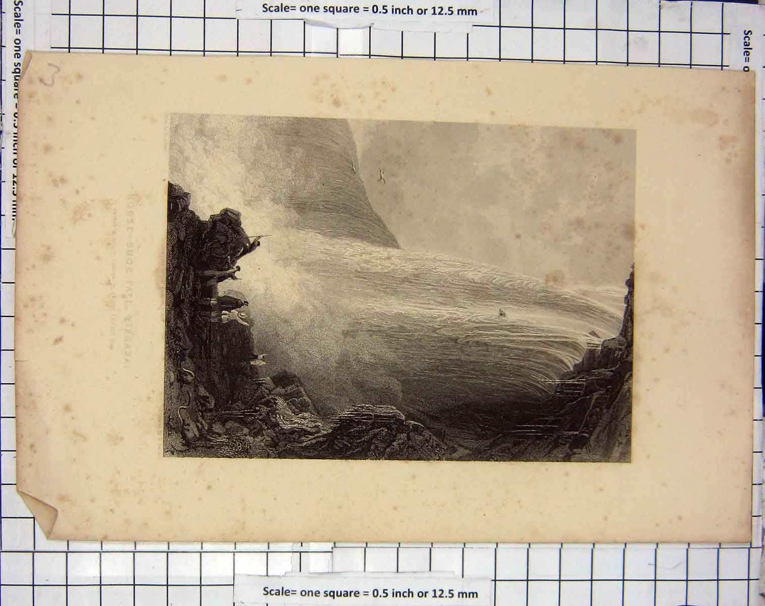 Original Old Antique Print Horse-Shoe Fall Niagara Cavern Allom Engraving