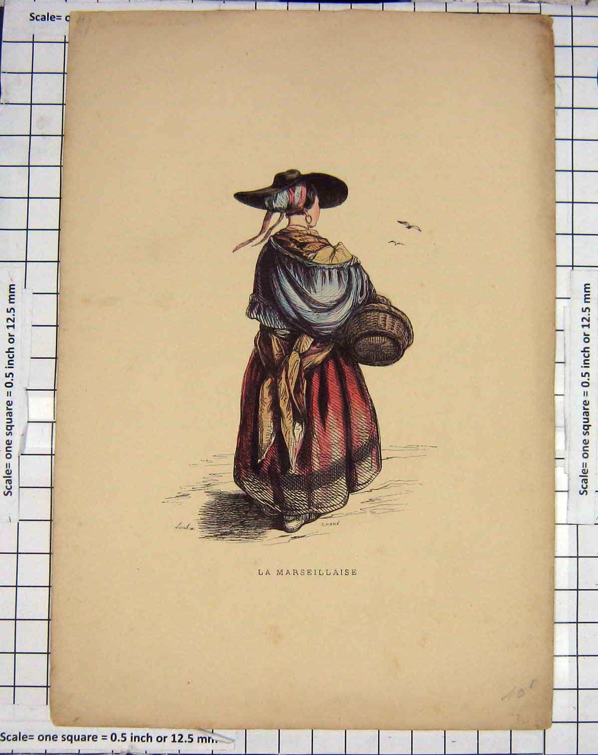 Original Old Antique Print Colour France Fishing Marseillaise Lady