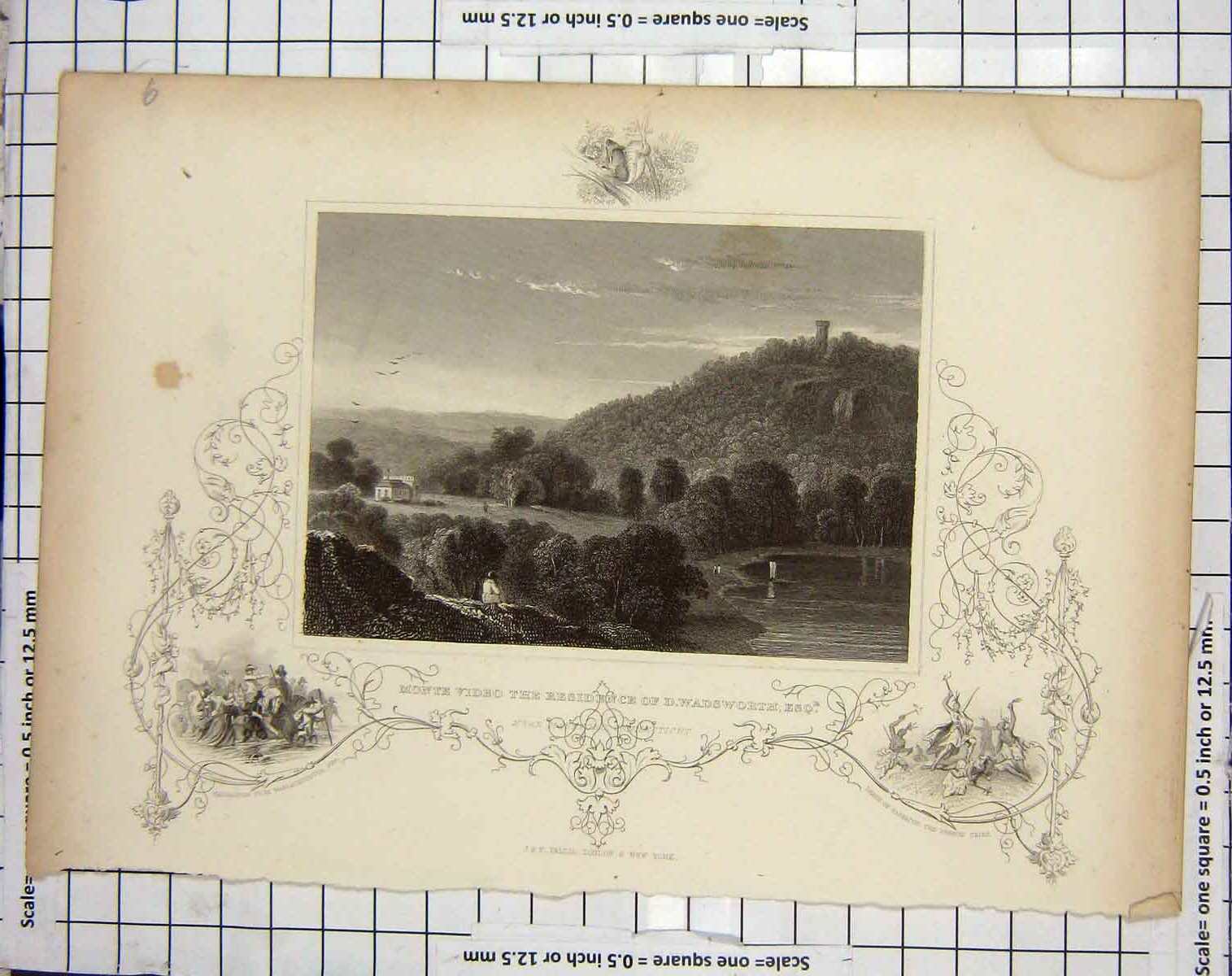 Old Antique Print Monte Video Residence Wadsworth Connecticut Engraving