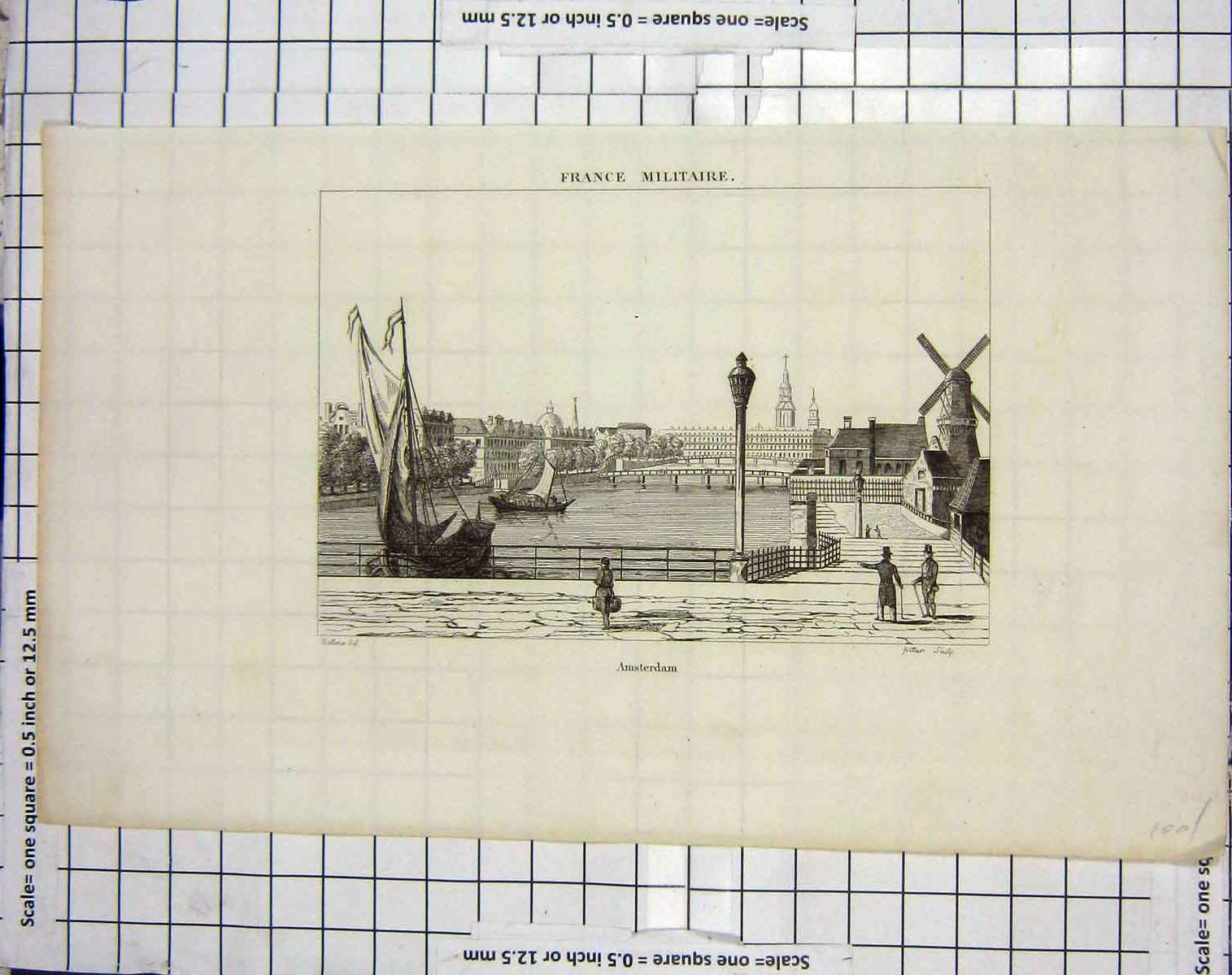 Original Old Antique Print Engraving View Amsterdam Boats Windmill
