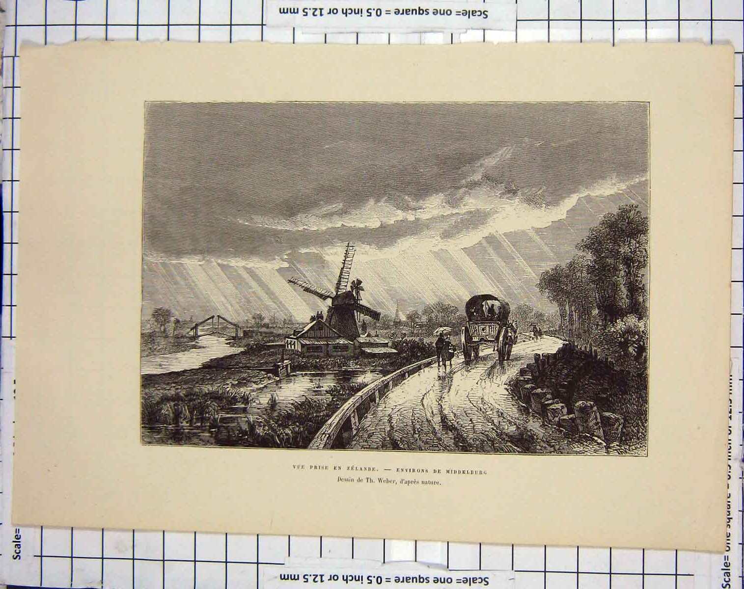 Original Old Antique Print Engraving Zelande Middelburg Windmill Weber