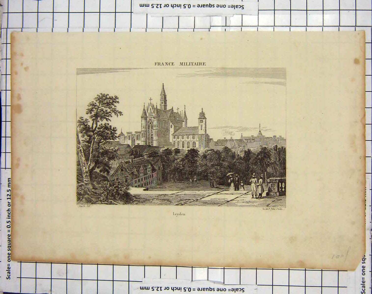 Original Old Antique Print Engraving France View Leyden Architecture