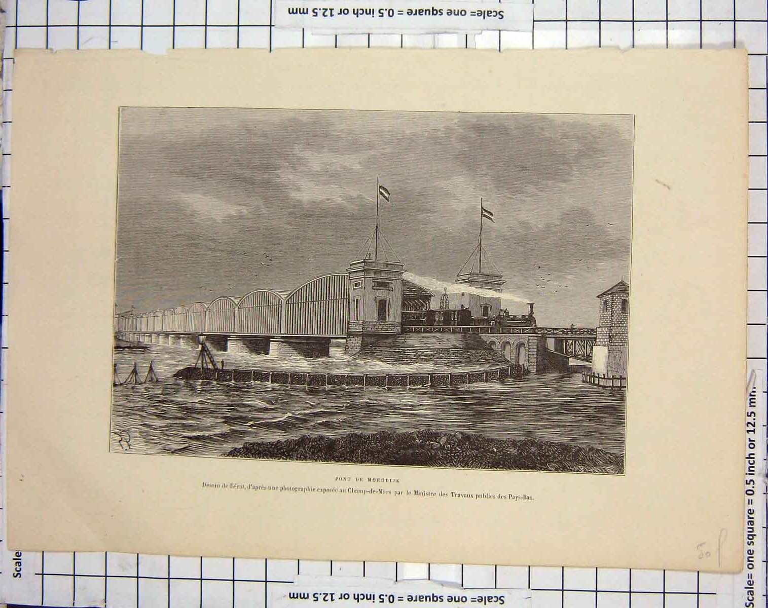 Original Old Antique Print Pont De Moerdijk Champ-De-Mars River Bridge France