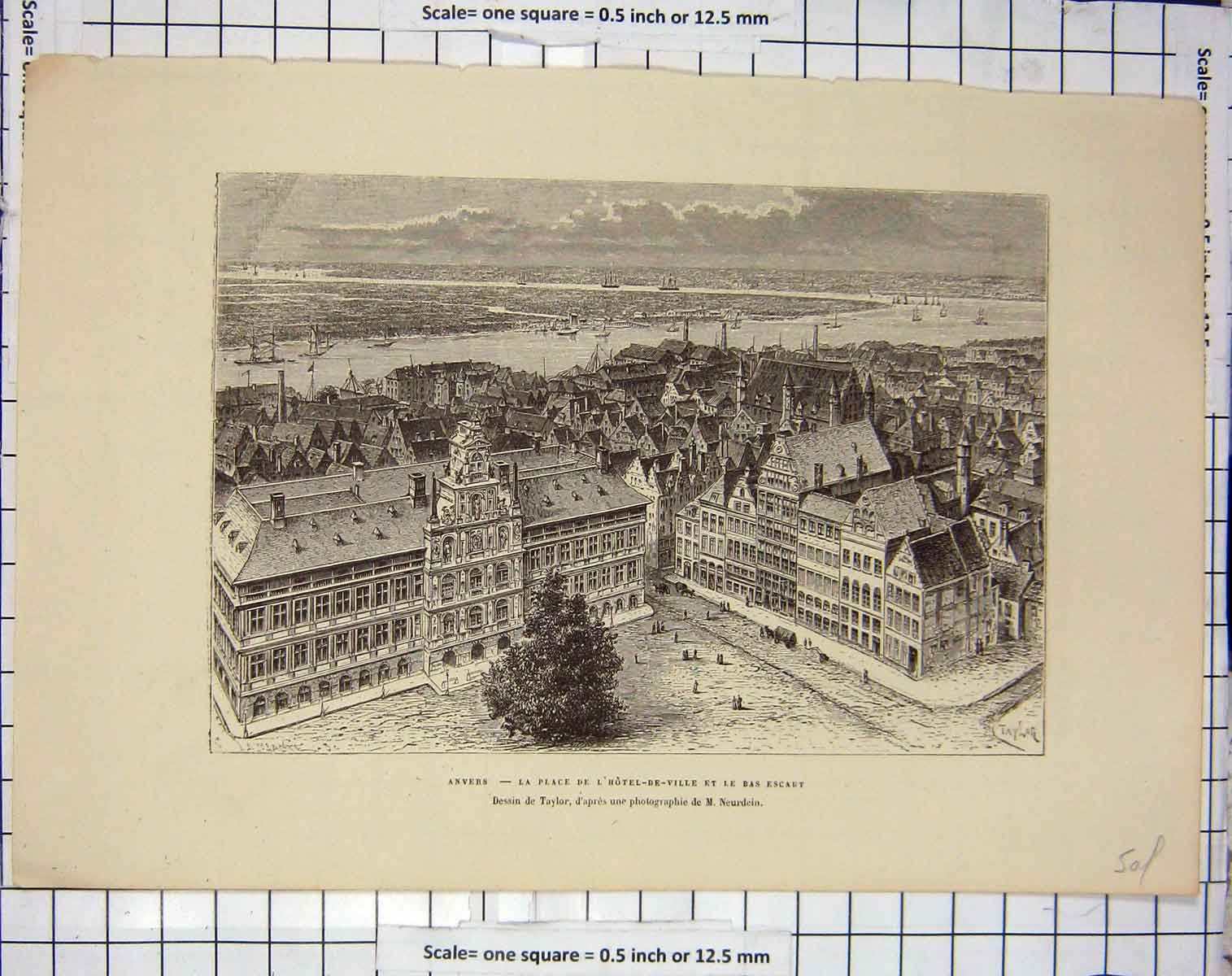 Old Antique Print Anvers Place Hotel-De-Ville France Architecture Ships