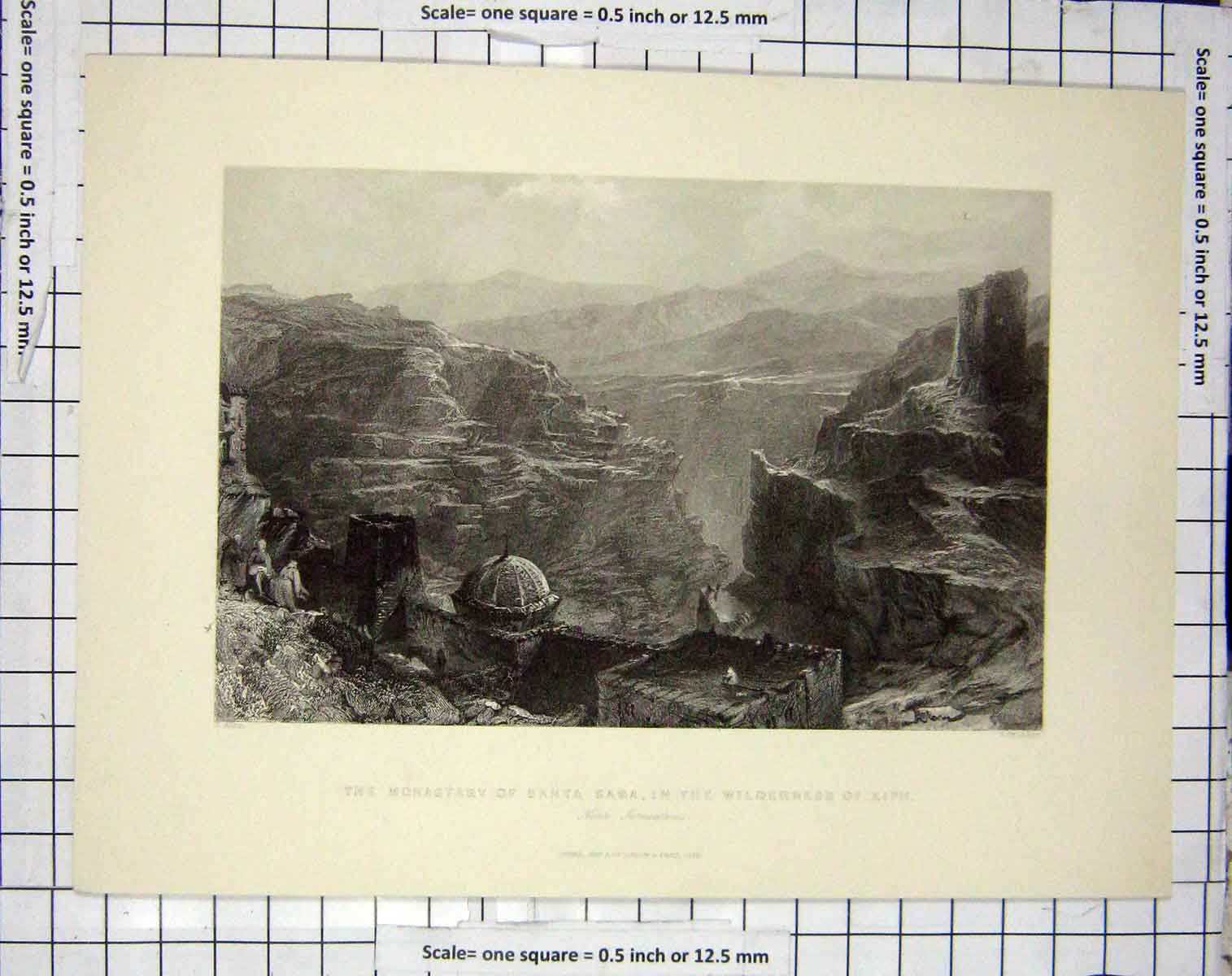 Original Old Antique Print Monastery Santa Saba Wilderness Ziph Allom Bradshaw