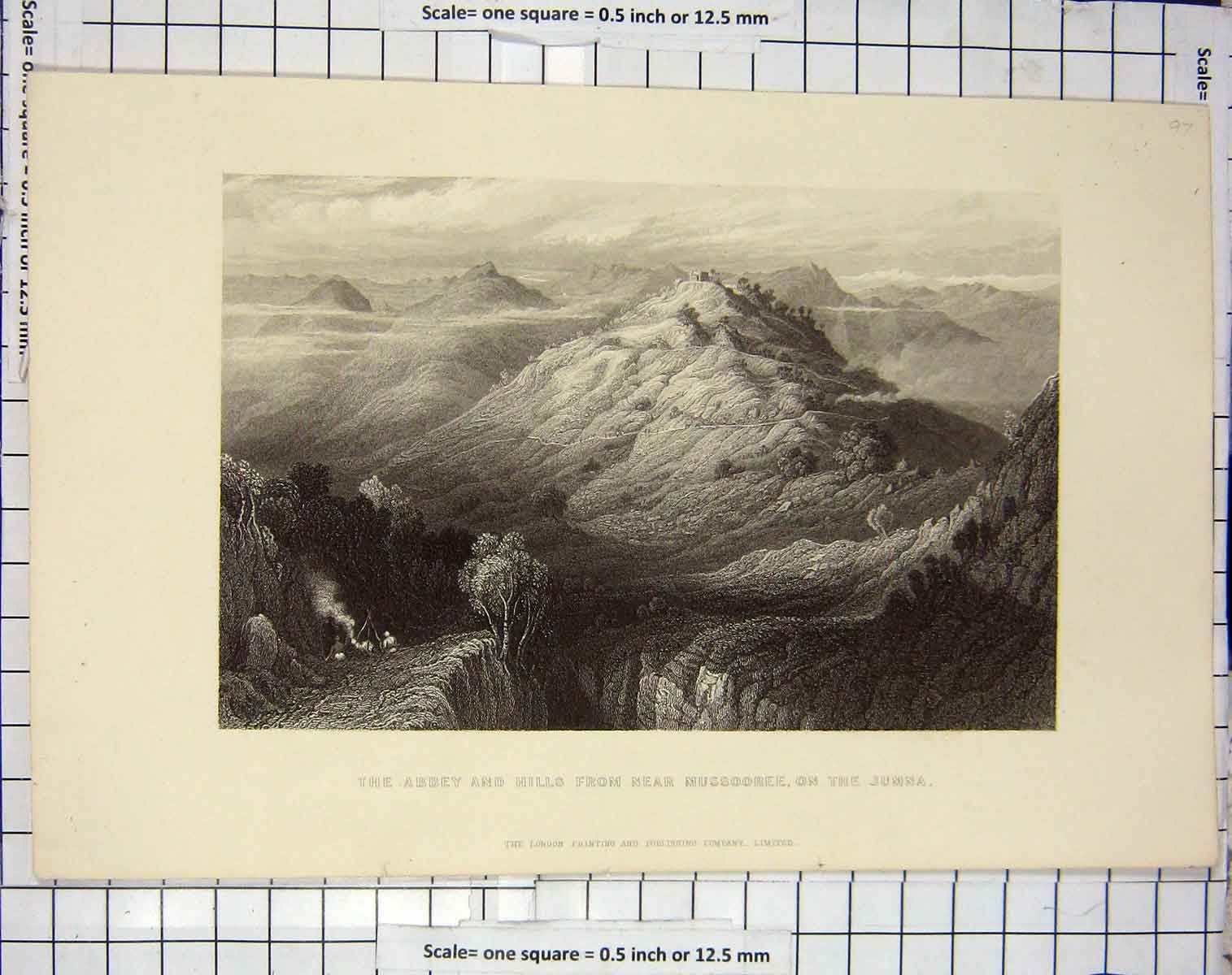 Original Old Antique Print Abbey Hills Mussooree Jumna Mountains Engraving