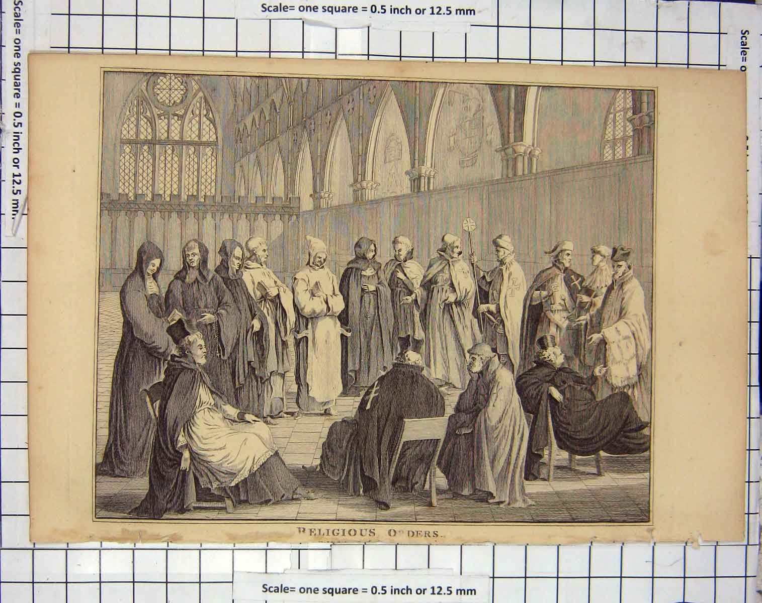 Original Old Antique Print Scene Religious Orders Monks Religion Men Engraving