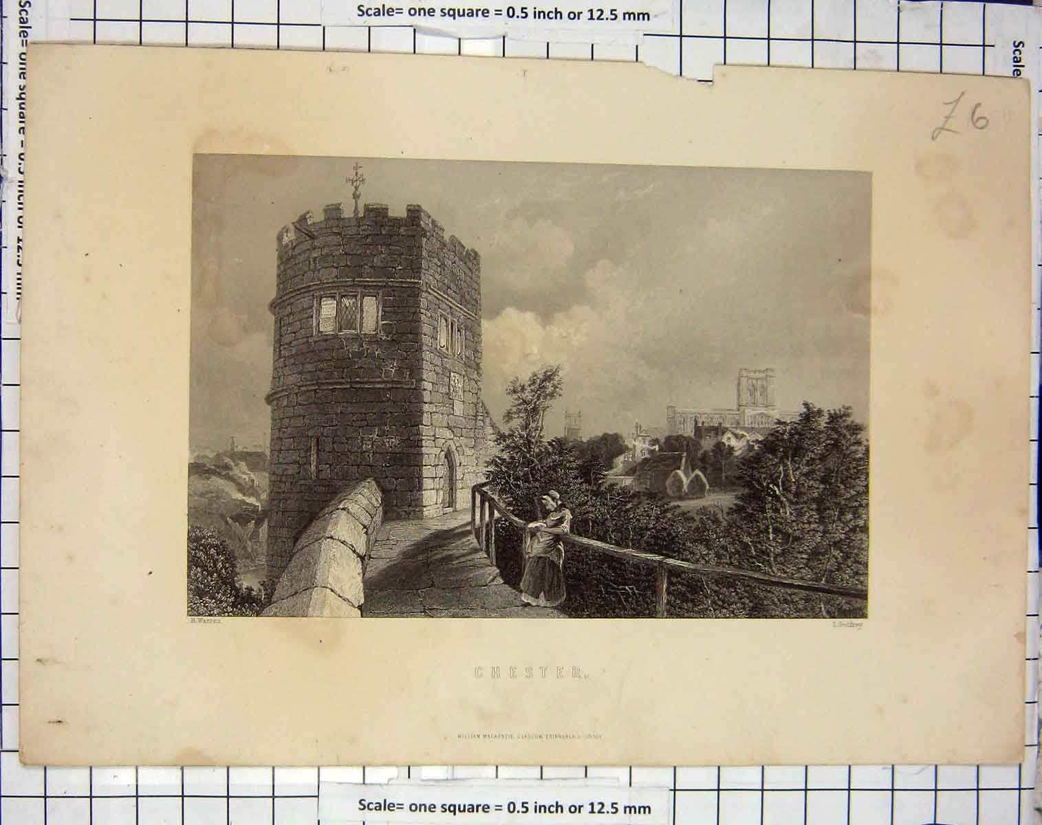 Original Old Antique Print View Chester England Tower Engraving Godfrey Warren