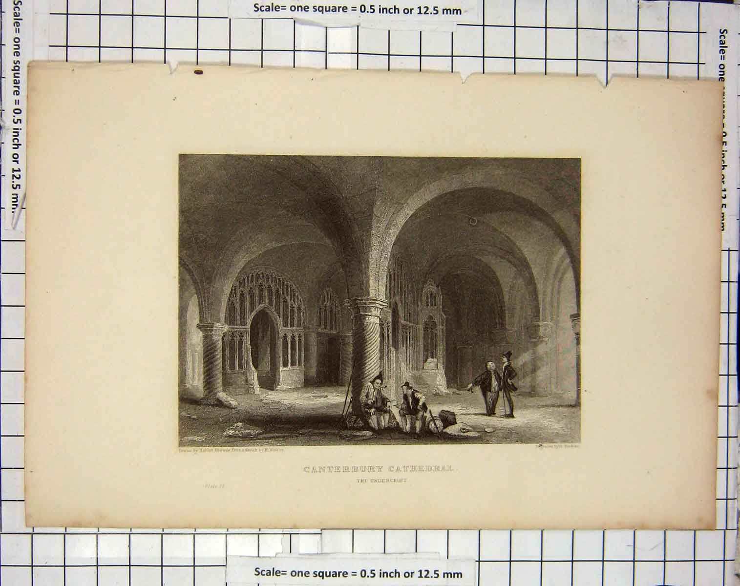 Original Old Antique Print Undercroft Canterbury Cathedral Winkles Engraving