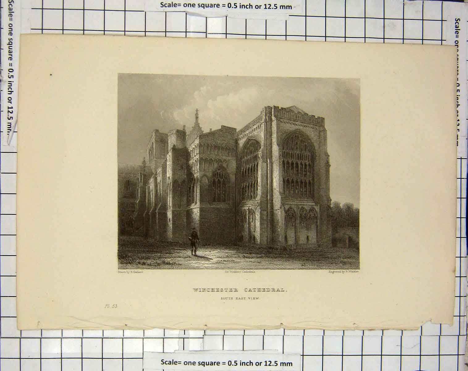 Original Old Antique Print Winchester Cathedral Architecture Garland Winkles