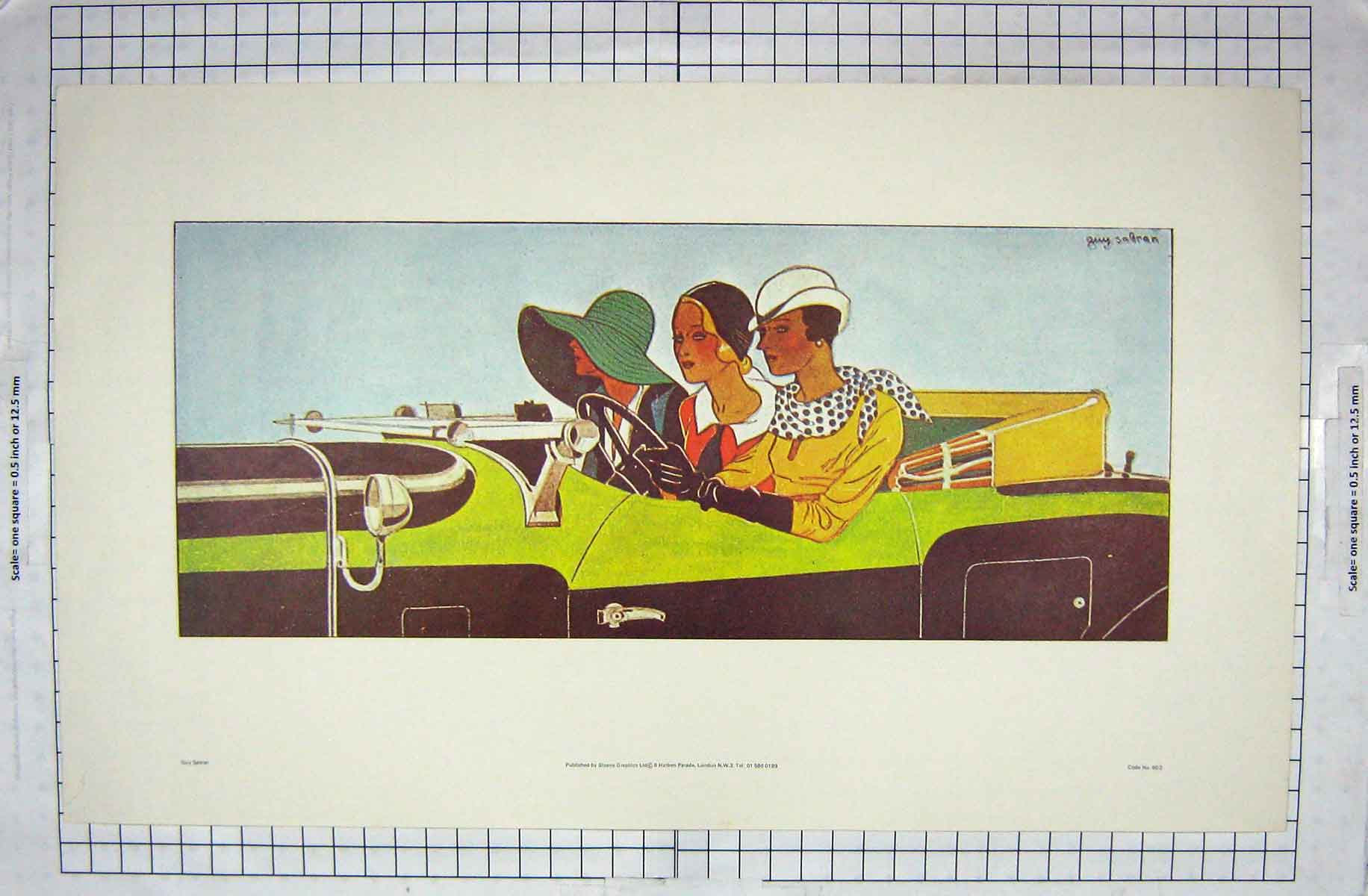 Original Old Antique Print White Colour Ladies Car