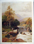 Original Old Antique Print Mander Large Colour Fishing River Trees Mountains