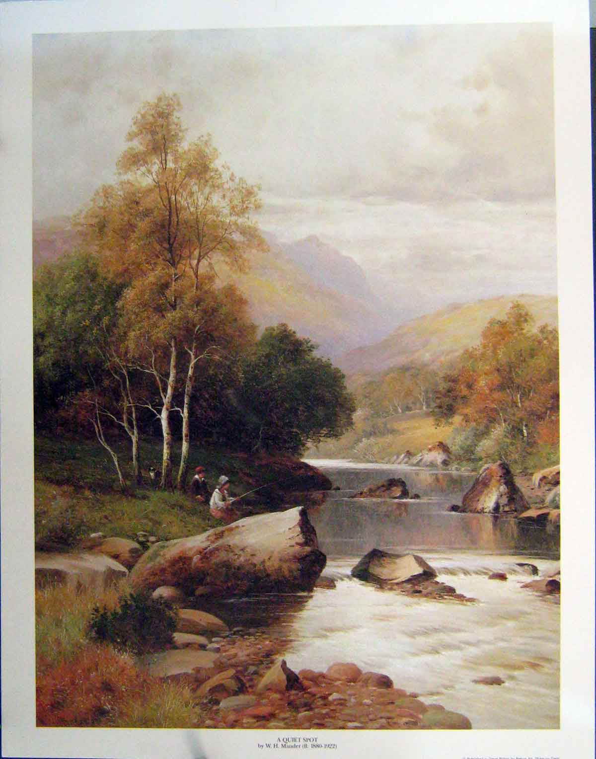 Original Old Antique Print Mander Large Colour Fishing River Trees Mountains