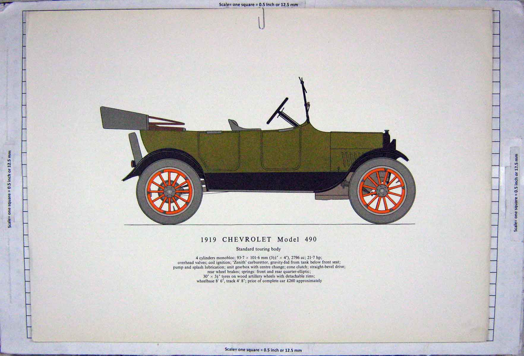 Original Old Vintage Print Colour 1919 Motor Car Chevrolet Model 490 20th