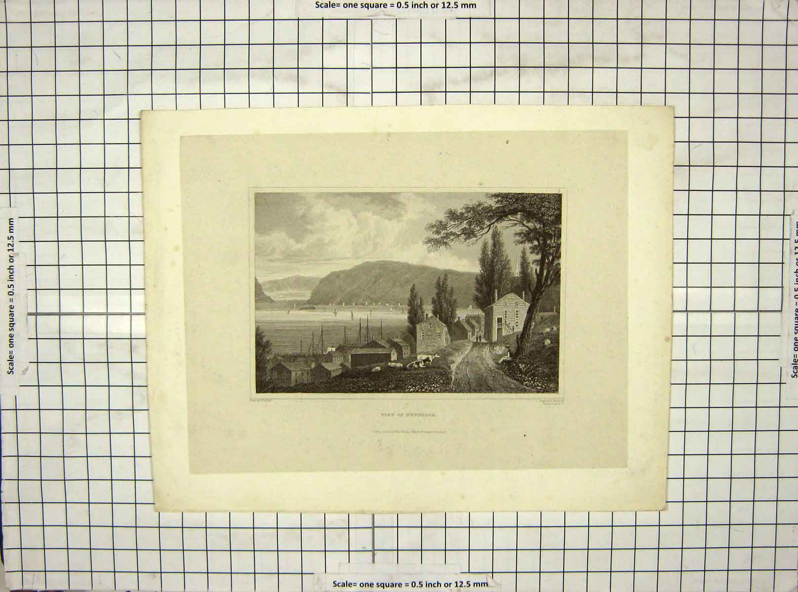 Original Old Antique Print 1830 View Newburgh Mountains Houses Ships Fenner