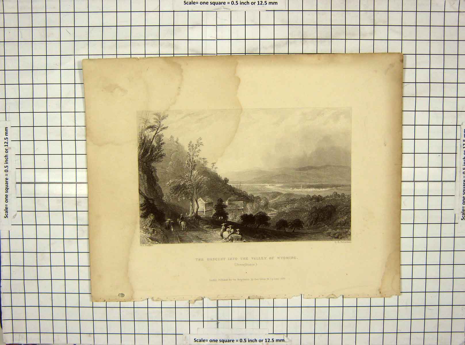 Original Old Antique Print 1839 Descent Valley Wyoming Pennsylvania Richardson