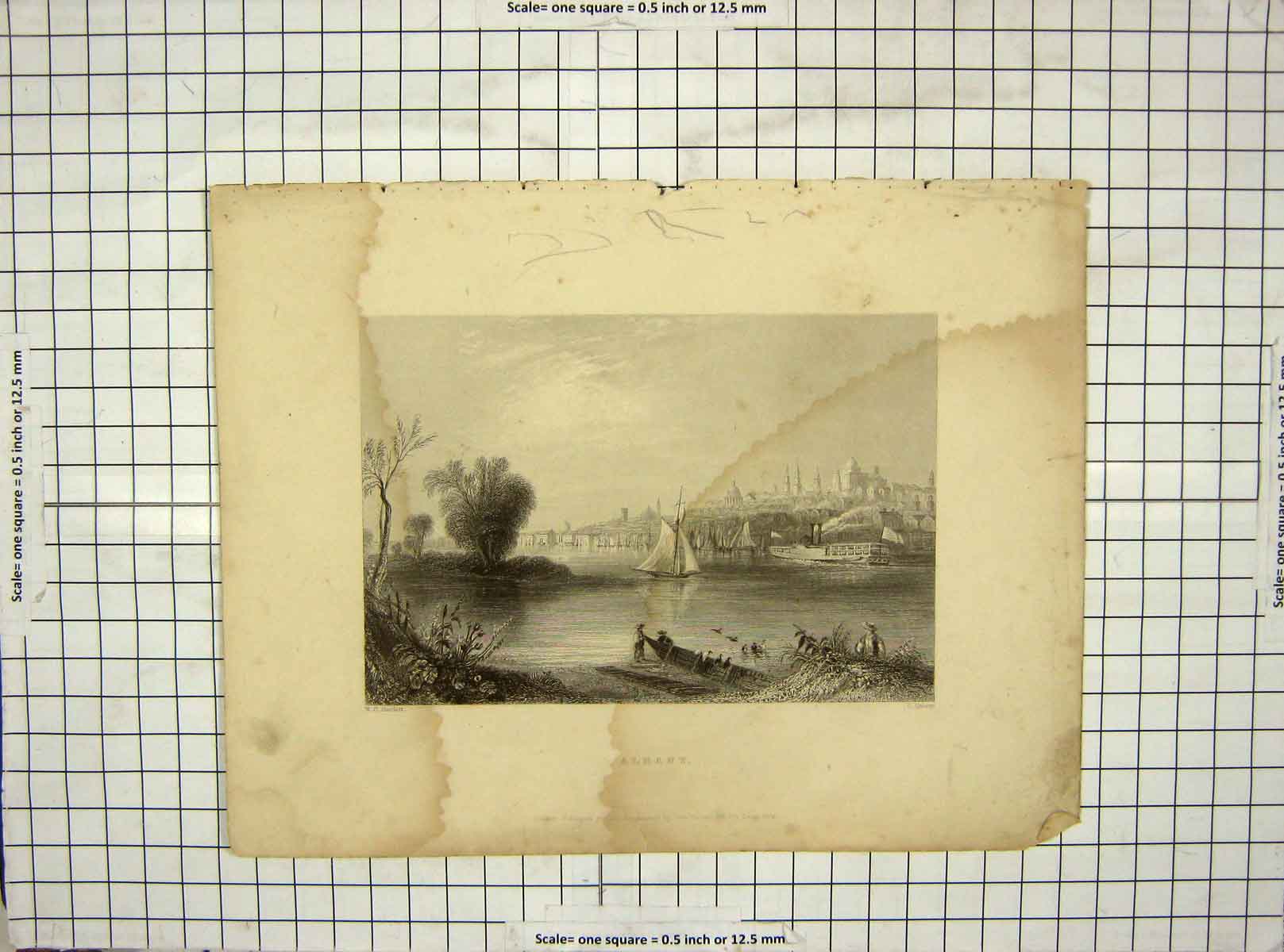 Original Old Antique Print 1839 View Albany Boats Cousen Bartlett Engraving