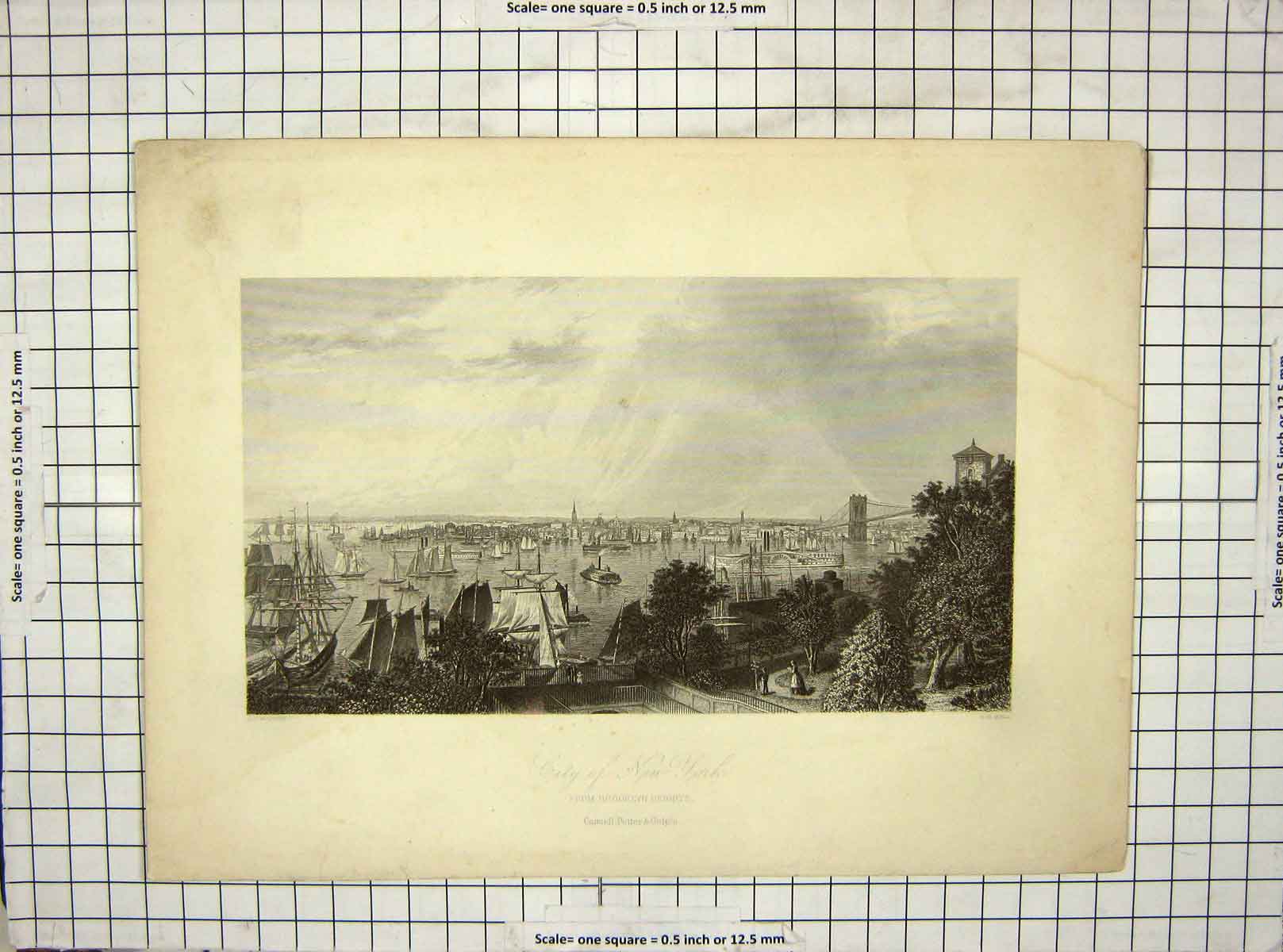 Old Antique Print C1850 Hall Warren View City New York Brooklyn Heights 19th