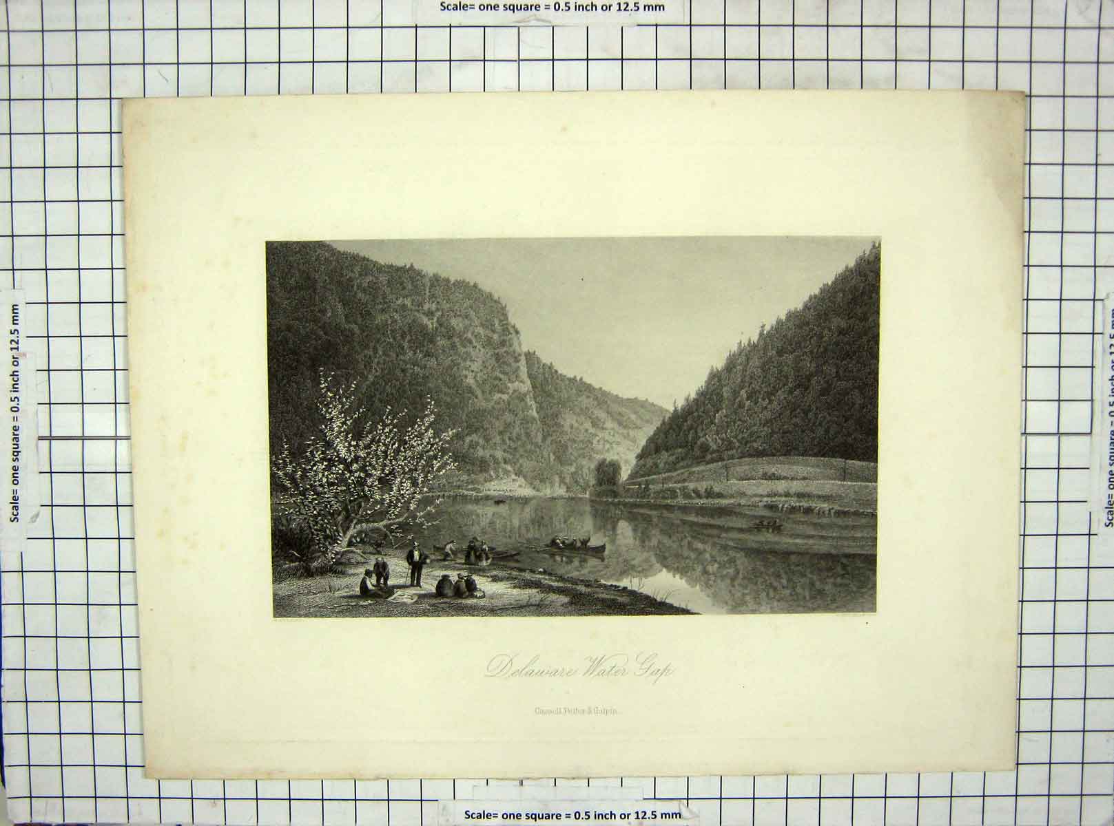 Original Old Antique Print C1850 Perkins Hinshelwood View Delaware Water Gap