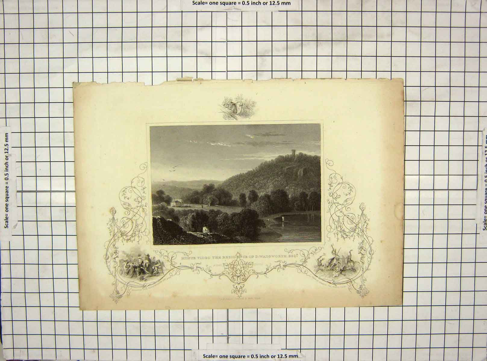 Original Old Antique Print C1850 Monte Residence Wadsworth Connecticut America