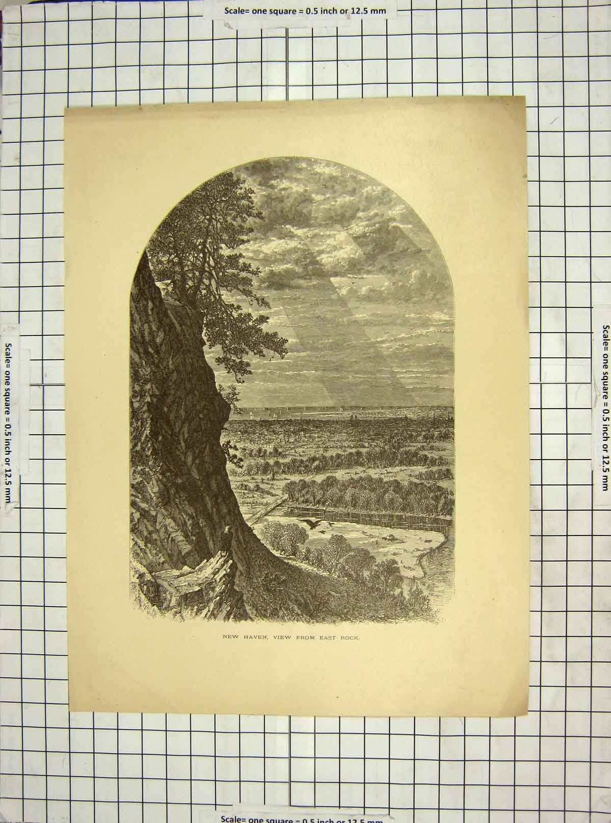 Original Old Antique Print C1850 View East Rock New Haven River Trees America