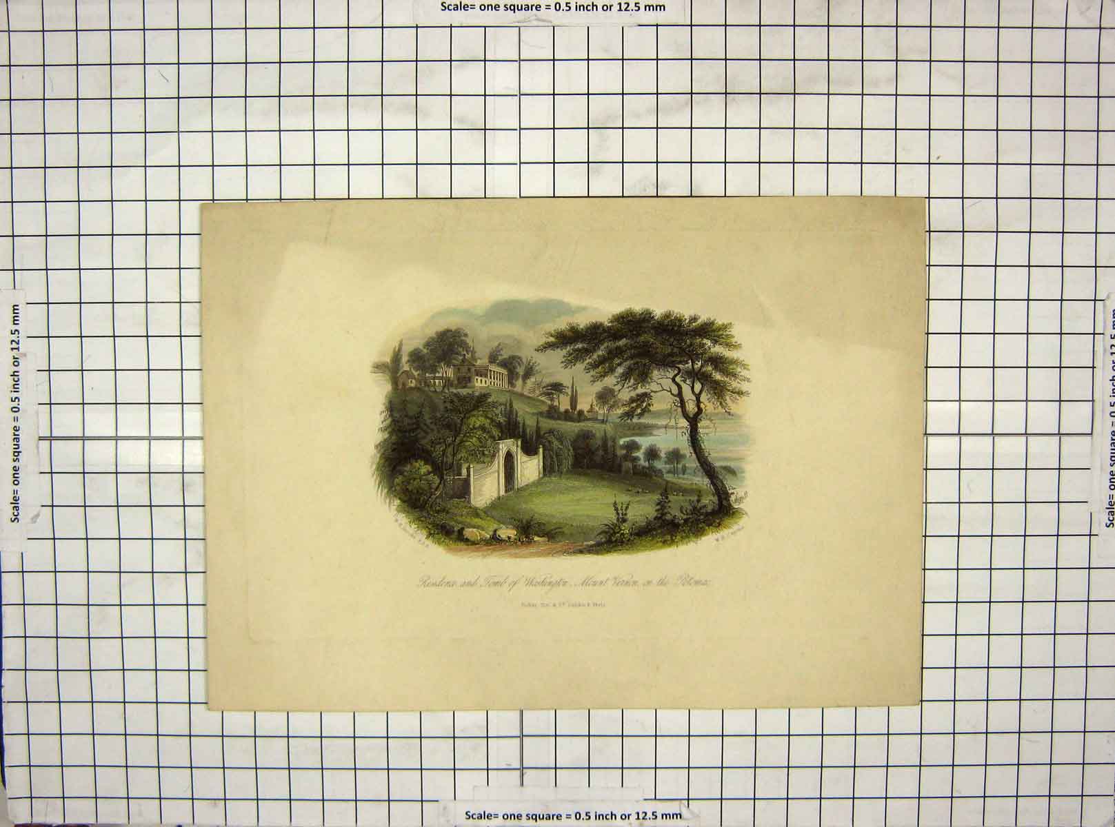 Original Old Antique Print C1850 Colour Tomb Washington Mount Vernon Potomac
