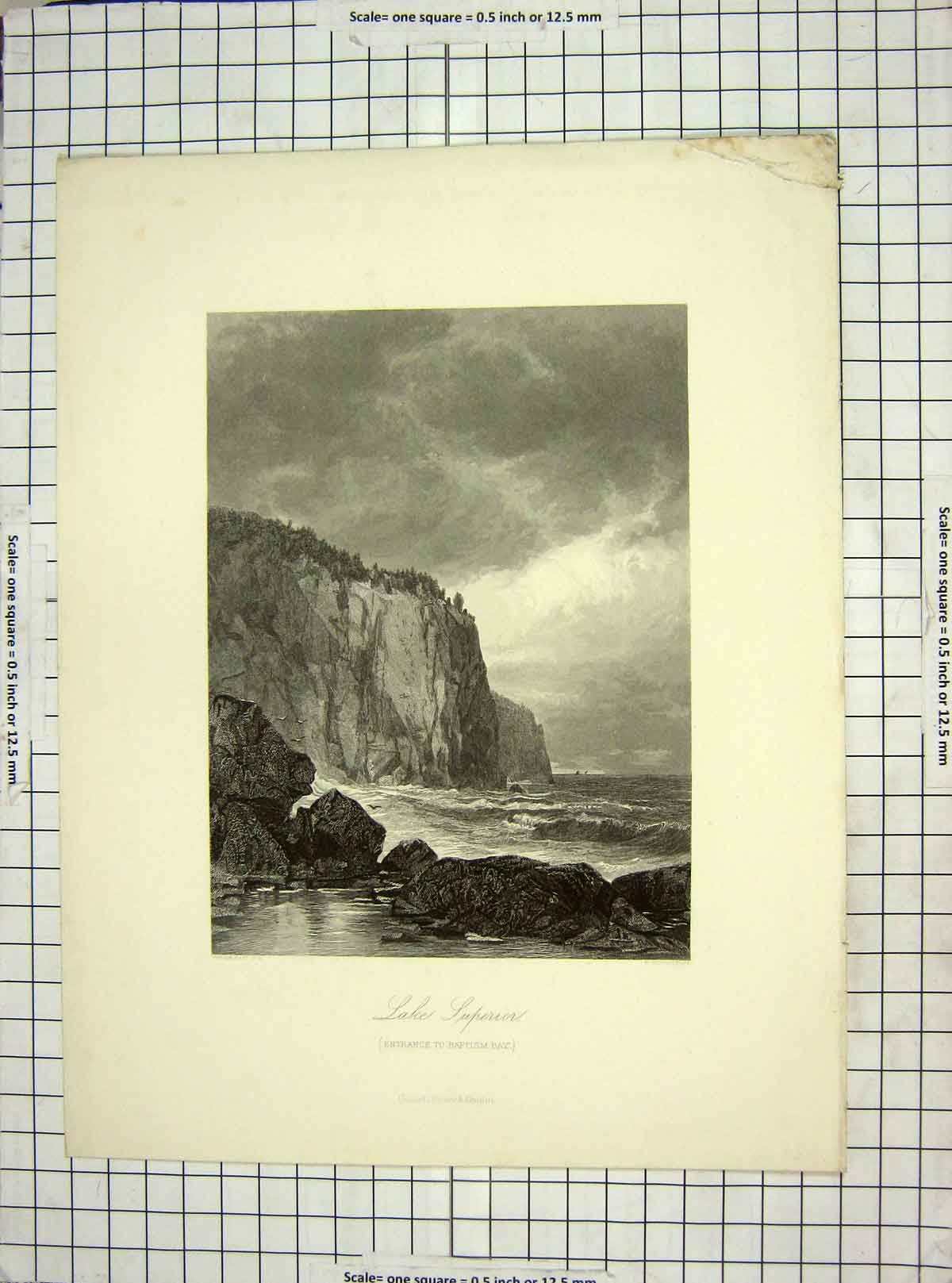 Original Old Antique Print C1850 Bart Hinshelwood Lake Superior Baptism Bay