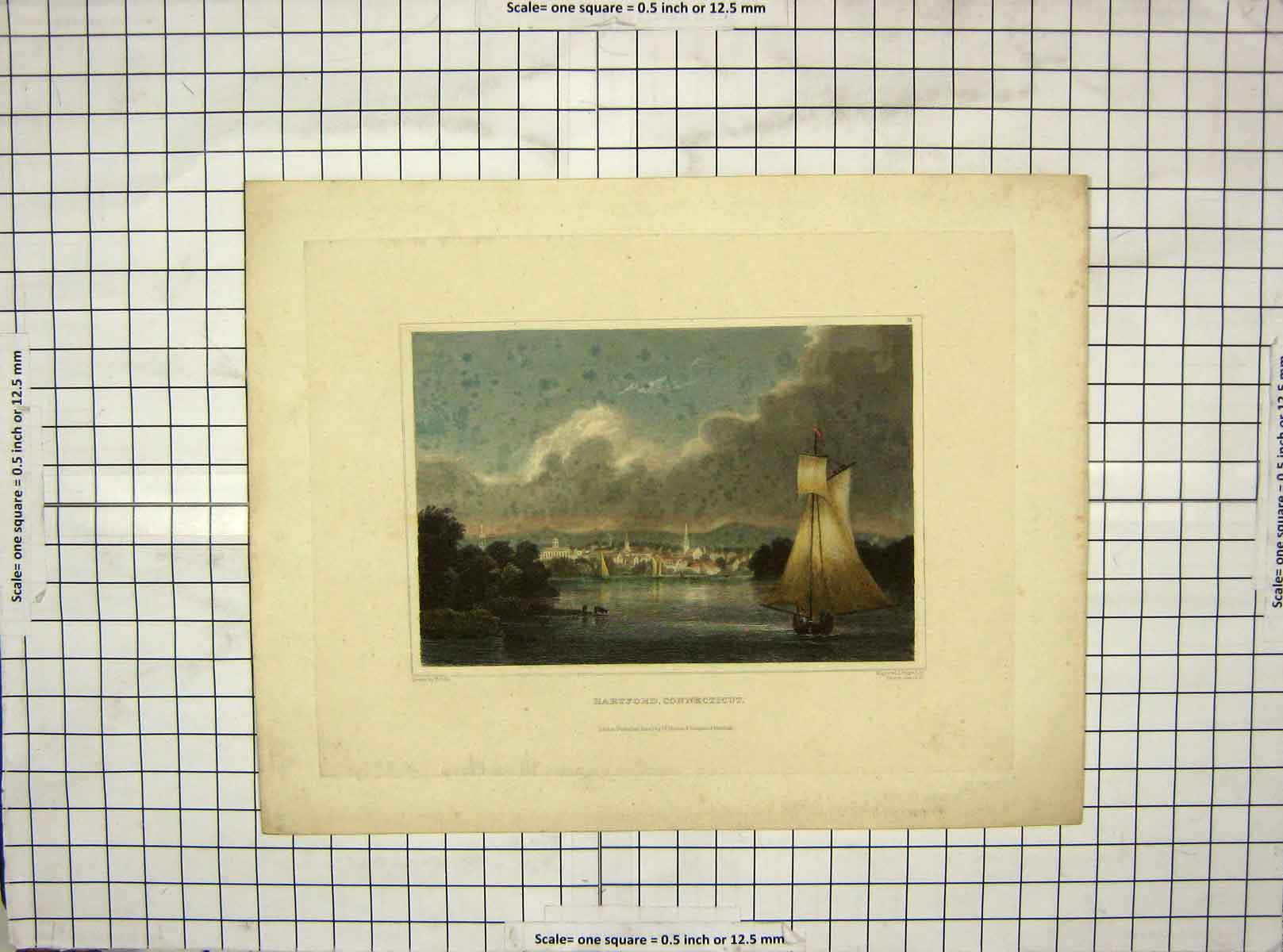 Original Old Antique Print C1850 Colour Hartford Connecticut Sears Cole 19th