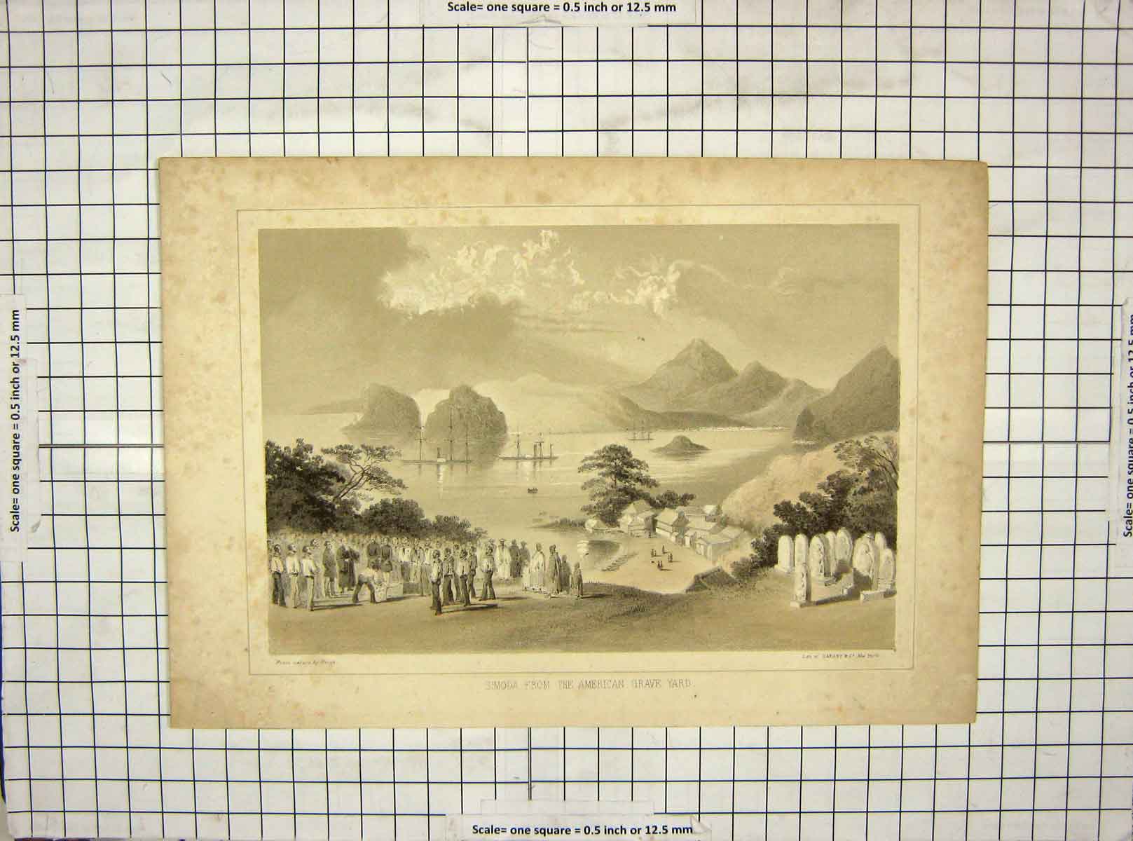 Original Old Antique Print C1850 Simoda American Grave Yard Ships Mountains
