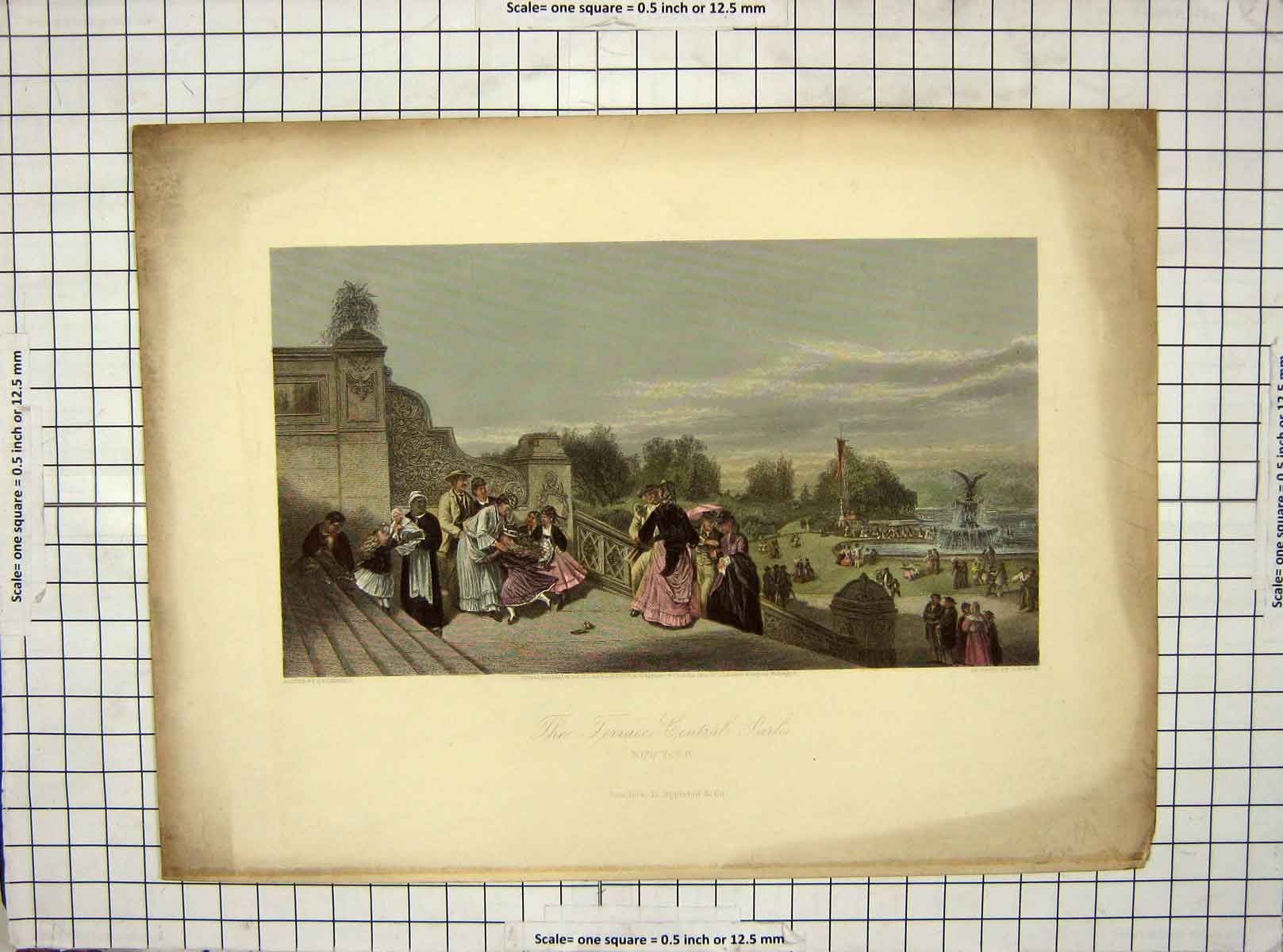Original Old Antique Print 1878 Terrace Central Park New York America Hall 19th
