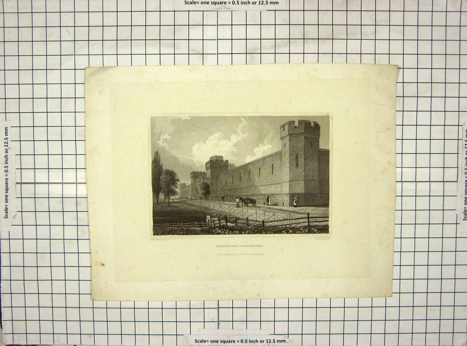 Original Old Antique Print 1831 View Penitentiary Philadelphia America Burton
