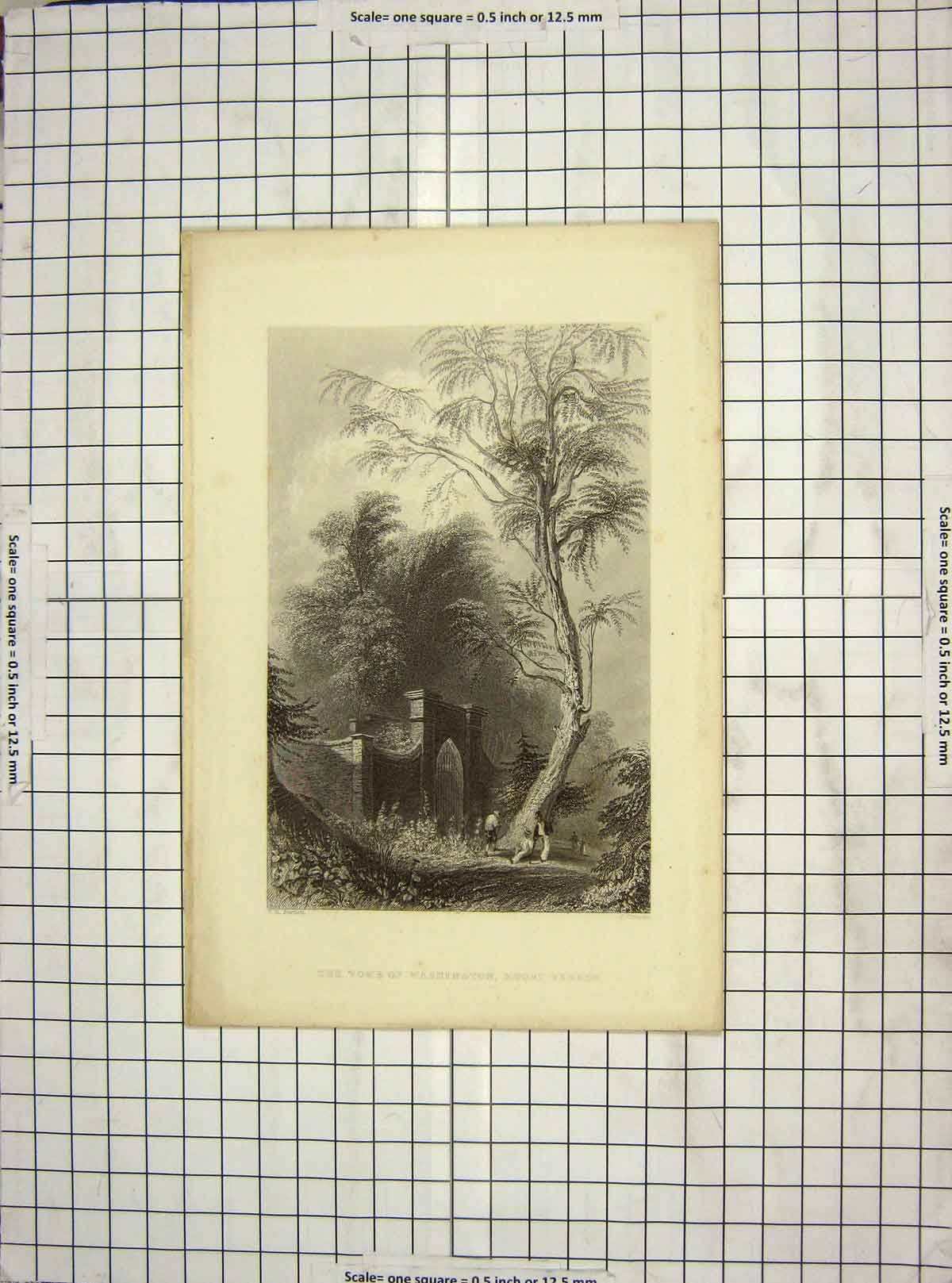Original Old Antique Print C1850 Bartlett Cousen Tomb Washington Mount Vernon