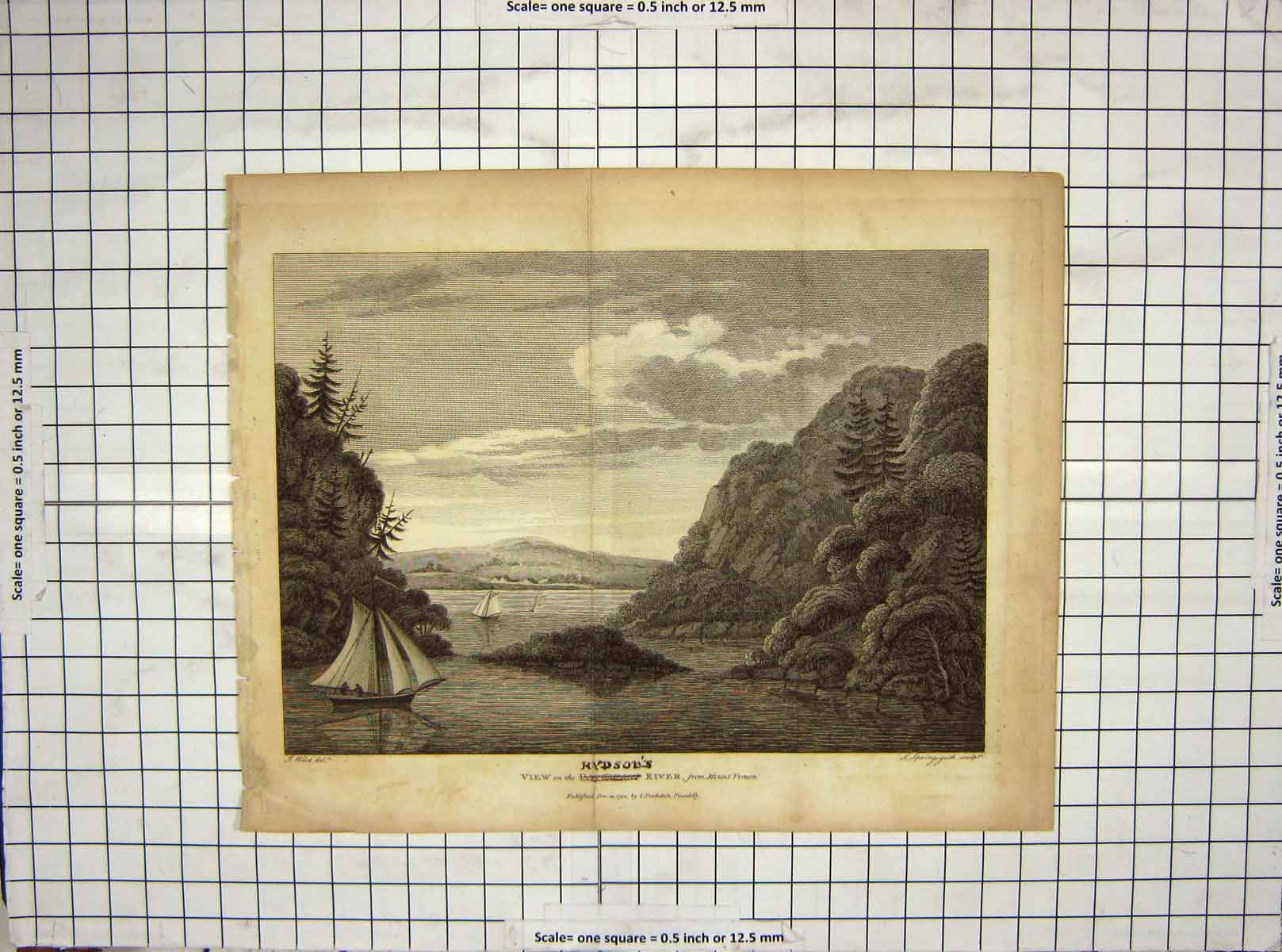 Original Old Antique Print 1798 View Hudsons River Mount Vernon Yachts Hills