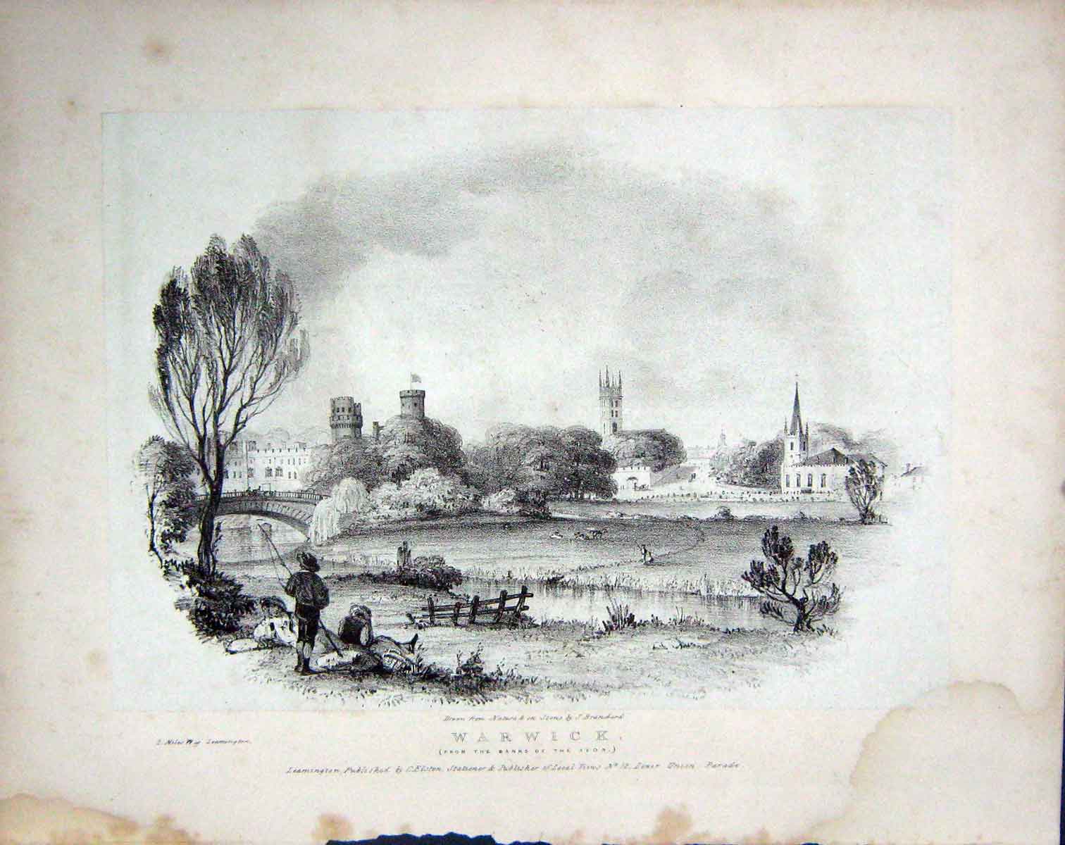 Original Old Antique Print 1850 Brandard Engraving View Warwick River Avon 19th