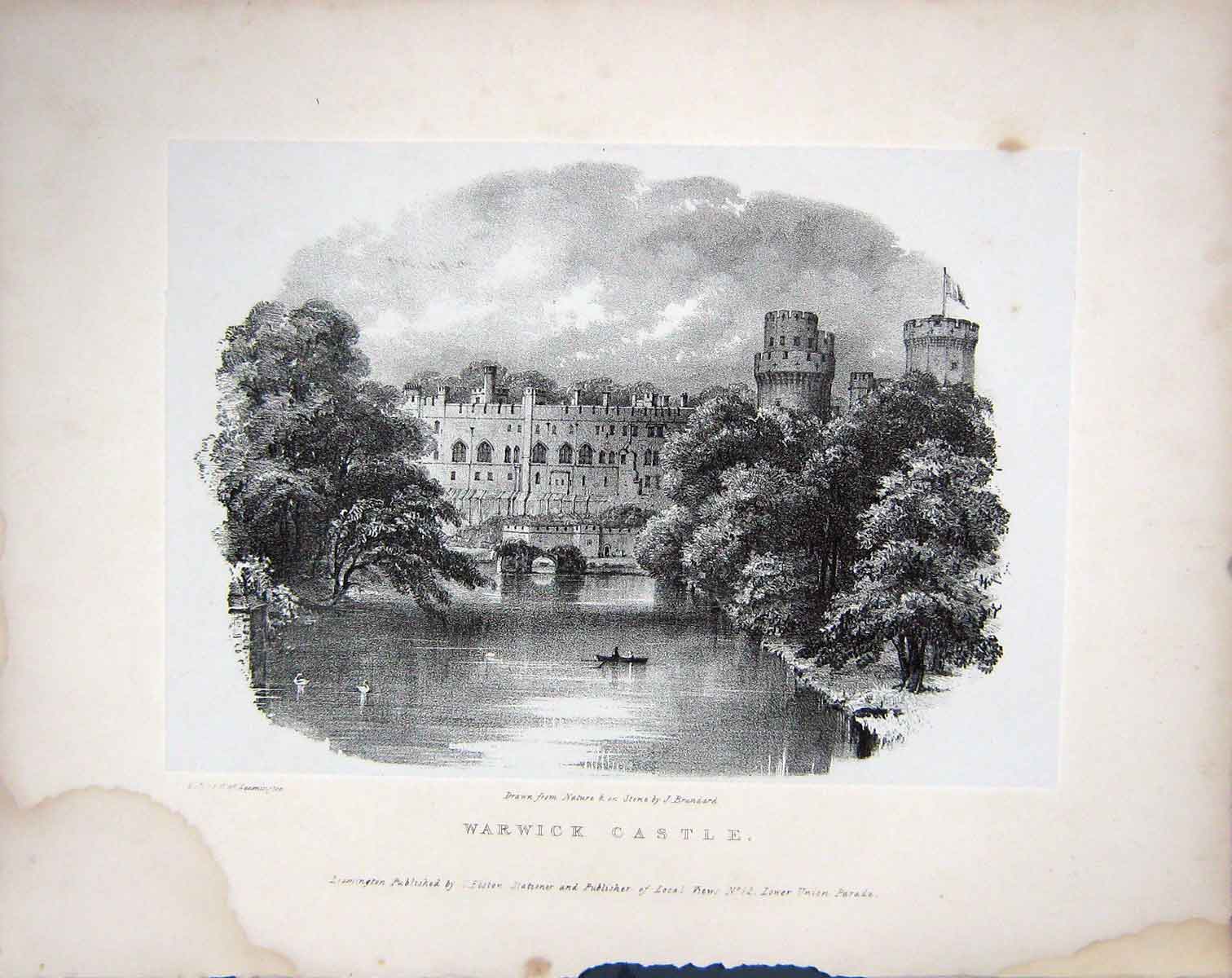 Original Old Antique Print 1850 Brandard Engraving View Warwick Castle River