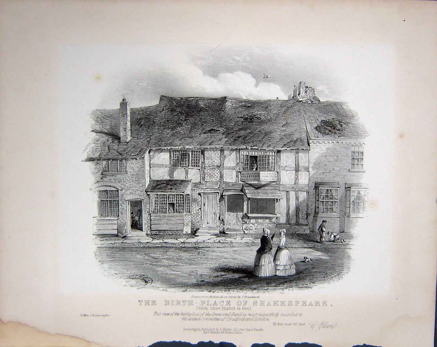 Original Old Antique Print 1850 Birthplace Shakespeare Stratford On Avon 19th