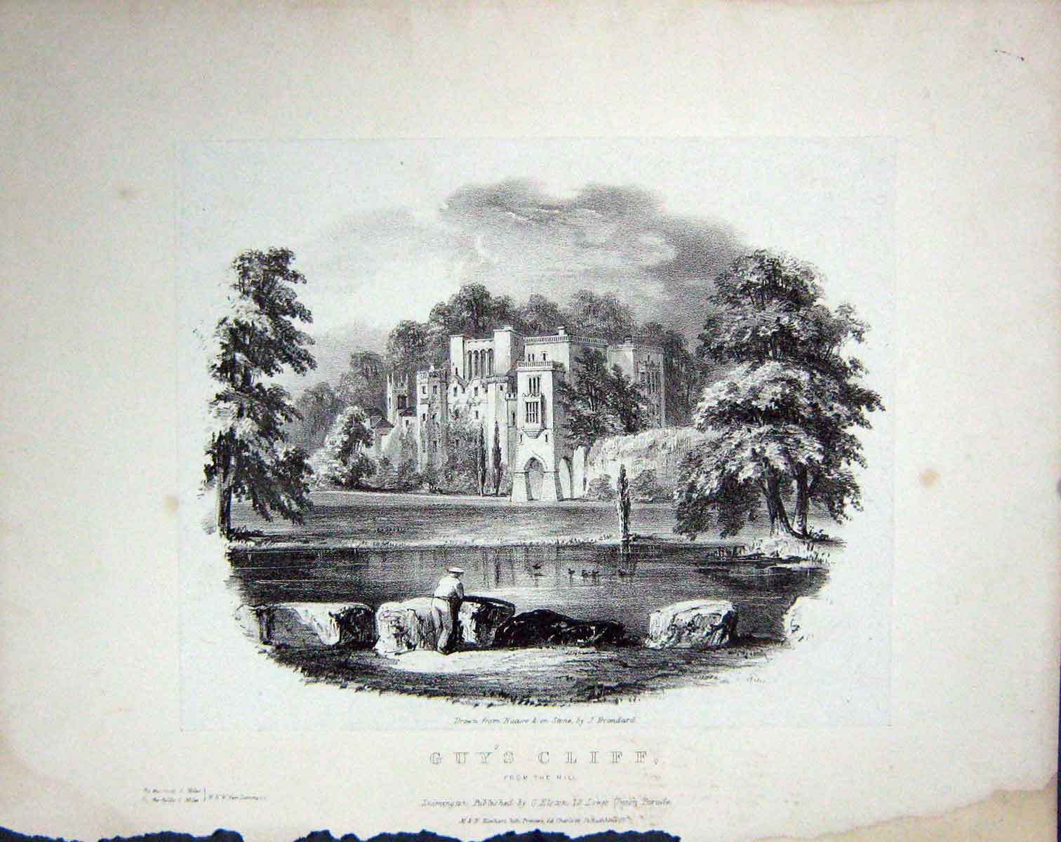 Original Old Antique Print 1850 Brandard Engraving View Guy'S Cliff Mill Castle