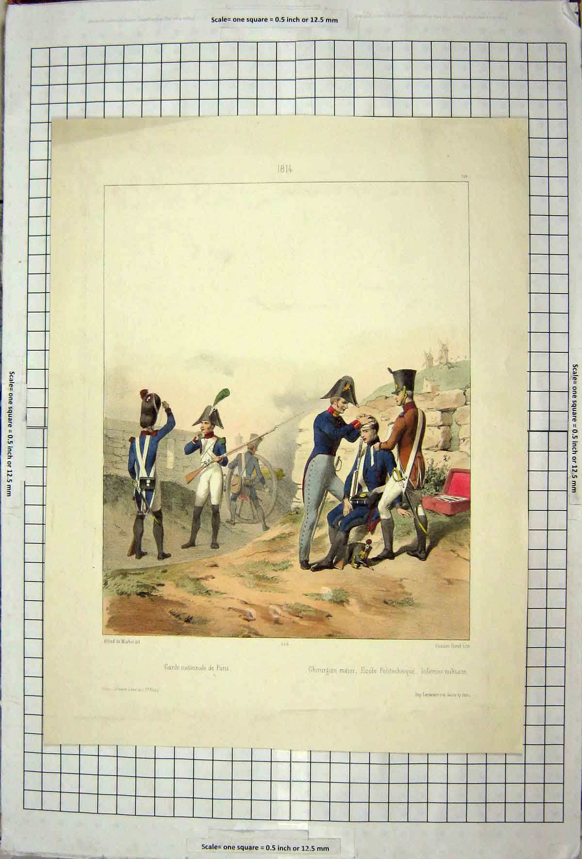 Original Old Antique Print Colour Siers War Wounded Marbot David