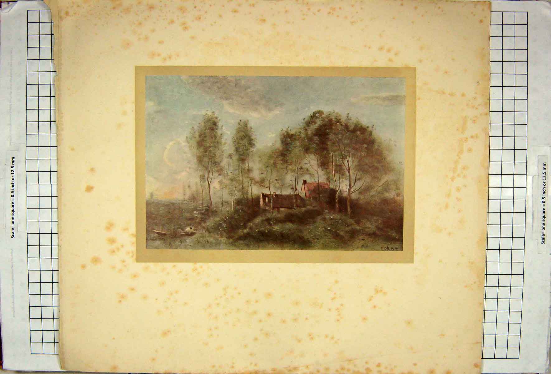 Original Old Antique Print Large Colour House Trees Boat Corot
